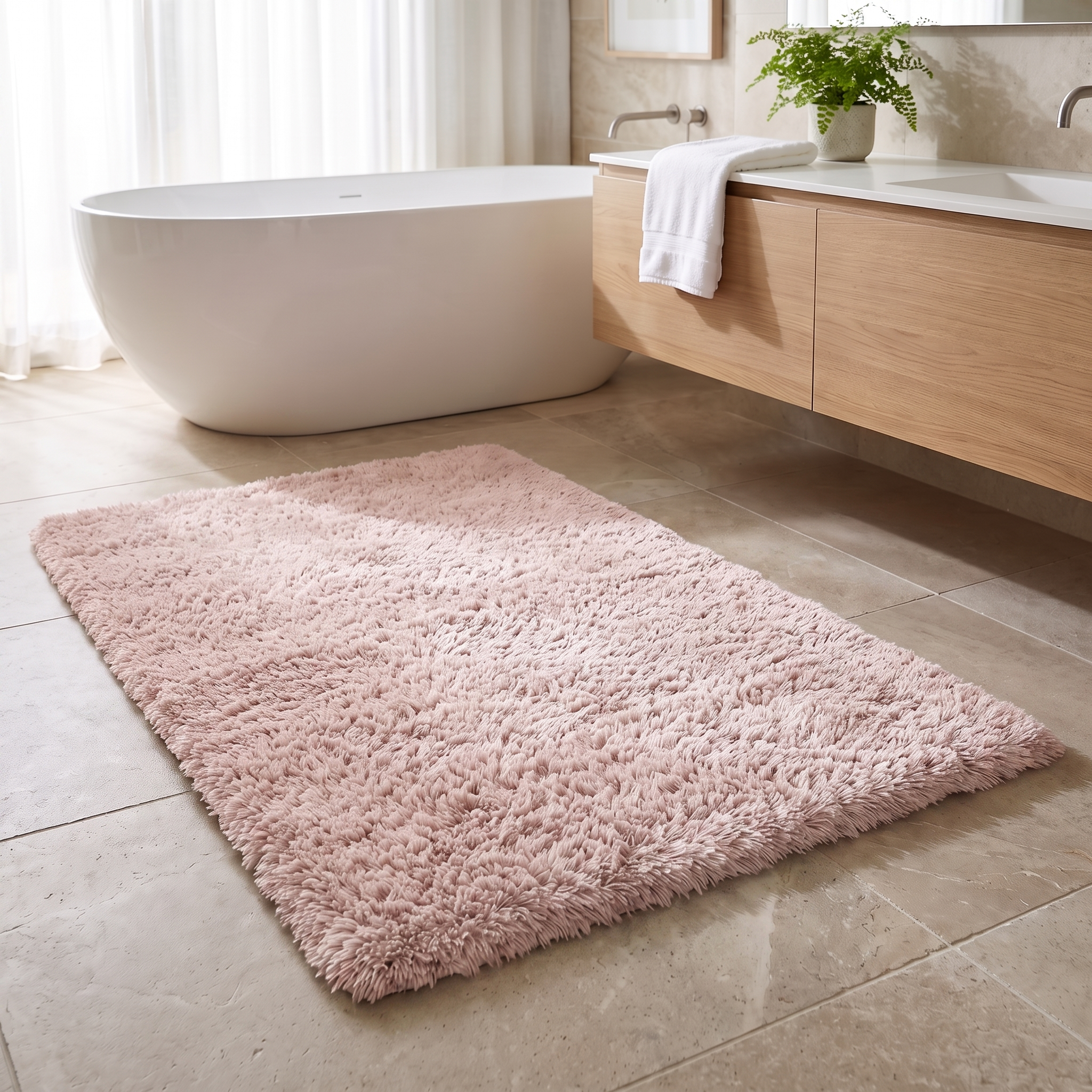 Soffice Lusso plush shag bath rug in Light Pink in a bright bathroom