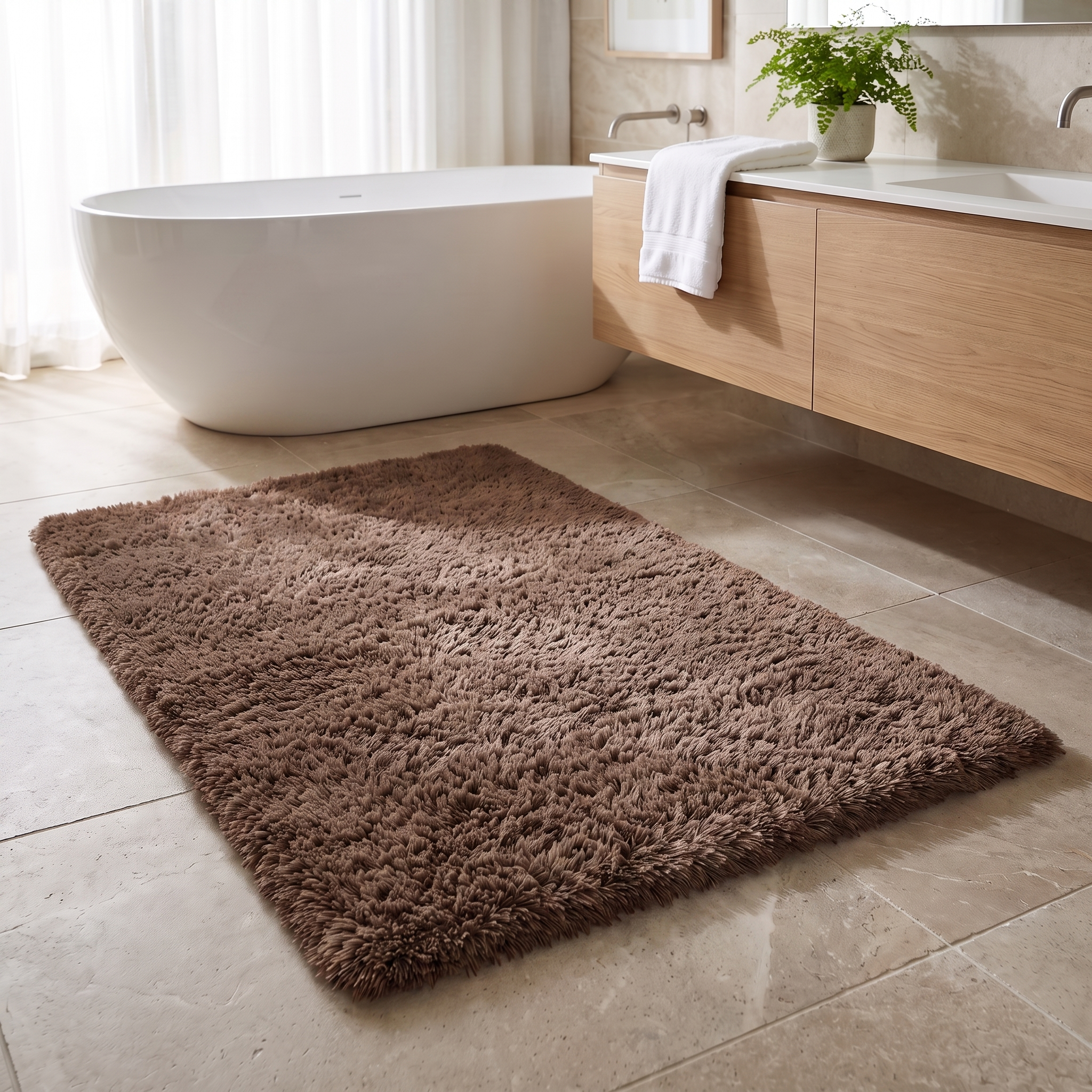 Soffice Lusso plush shag bath rug in Coffee in a bright bathroom