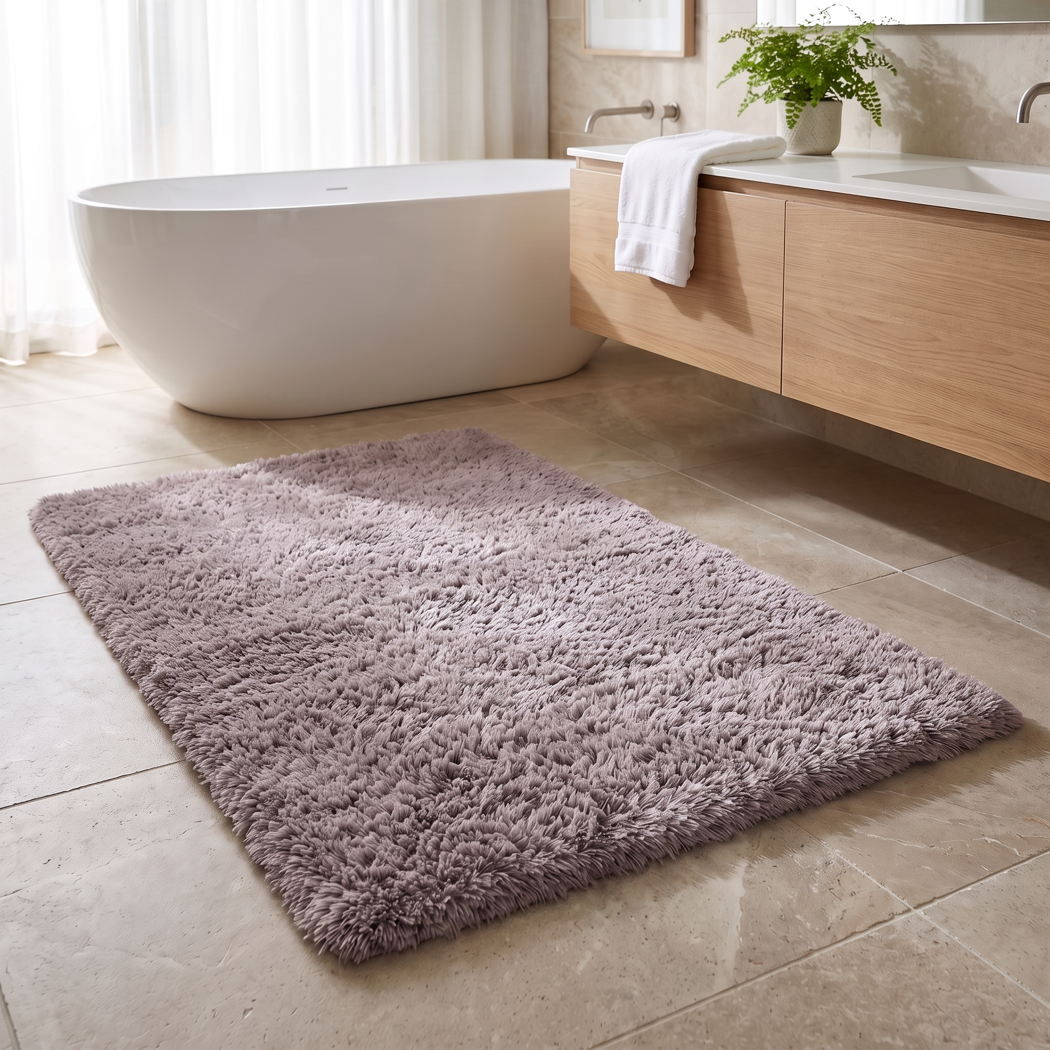 Soffice Lusso plush shag bath rug in Grayish Purple in a bright bathroom