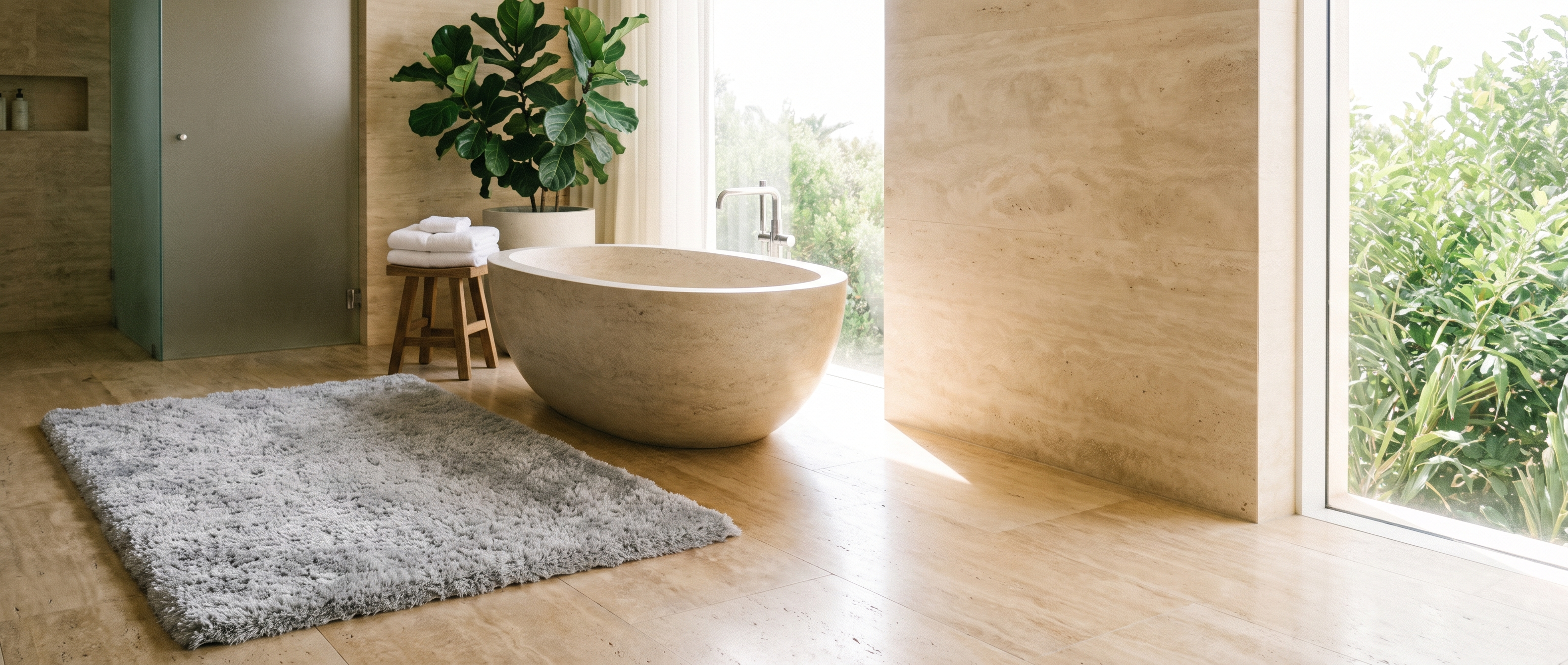 Soffice Lusso Silver Gray bath rug airy travertine spa bathroom banner