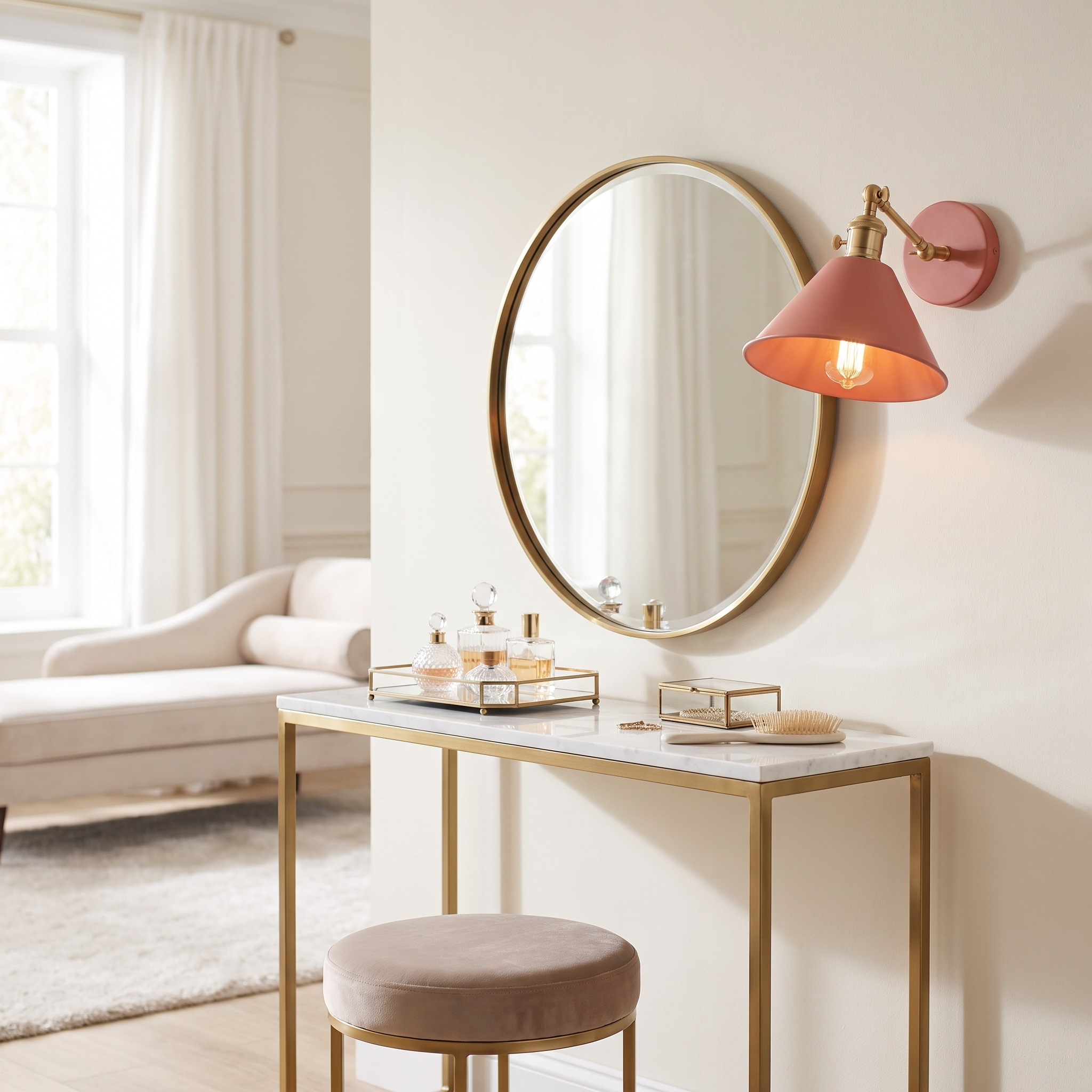 Dolce Aria coral cone wall sconce by vanity mirror