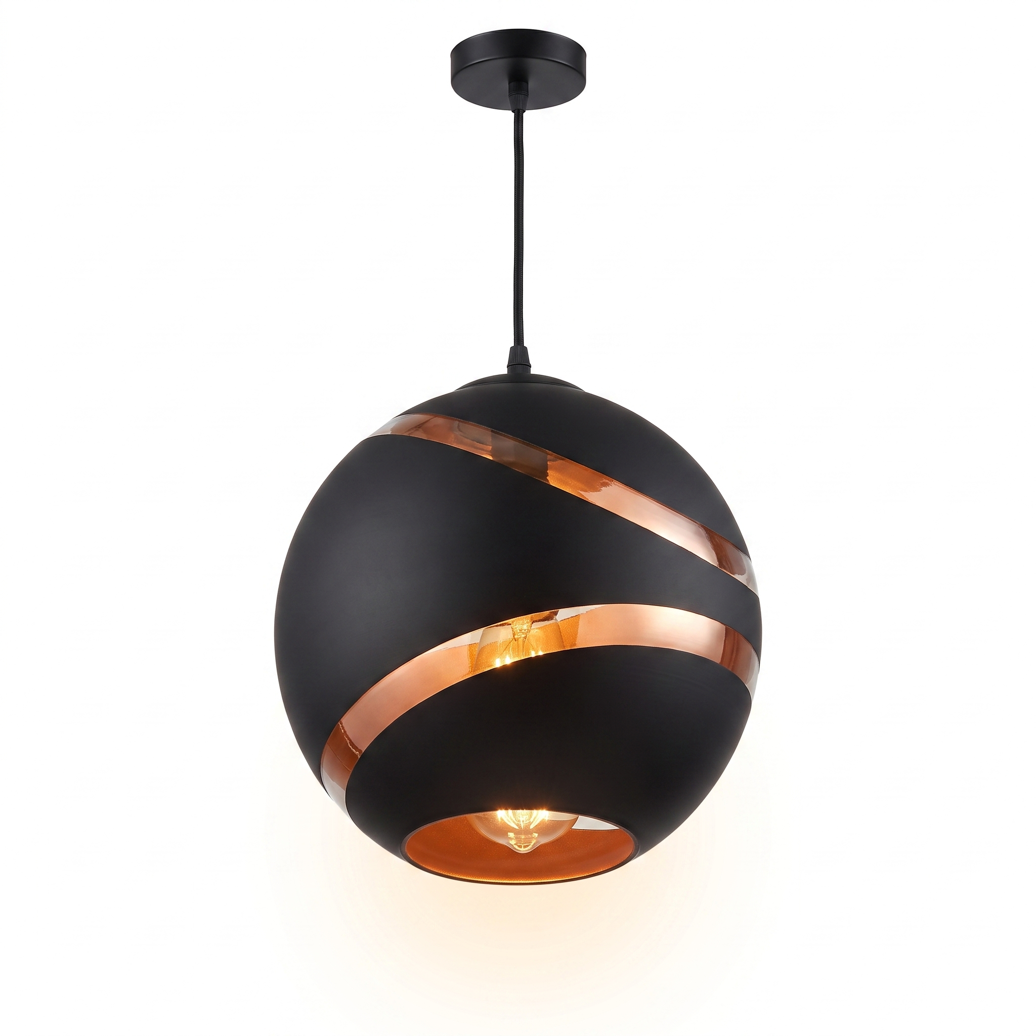 Eclisse Dorata black glass globe pendant with copper spiral
