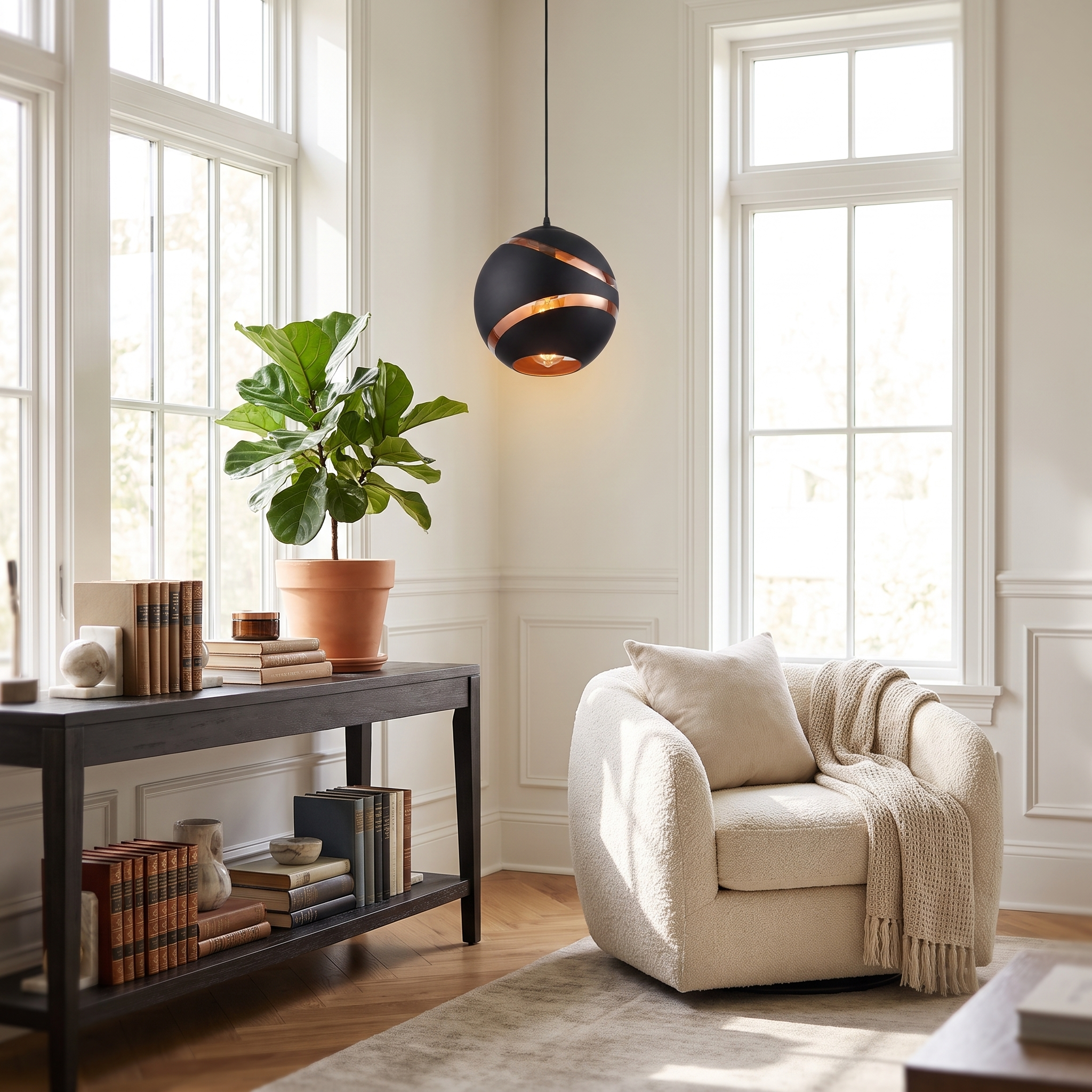 Eclisse Dorata black glass globe pendant over living room console