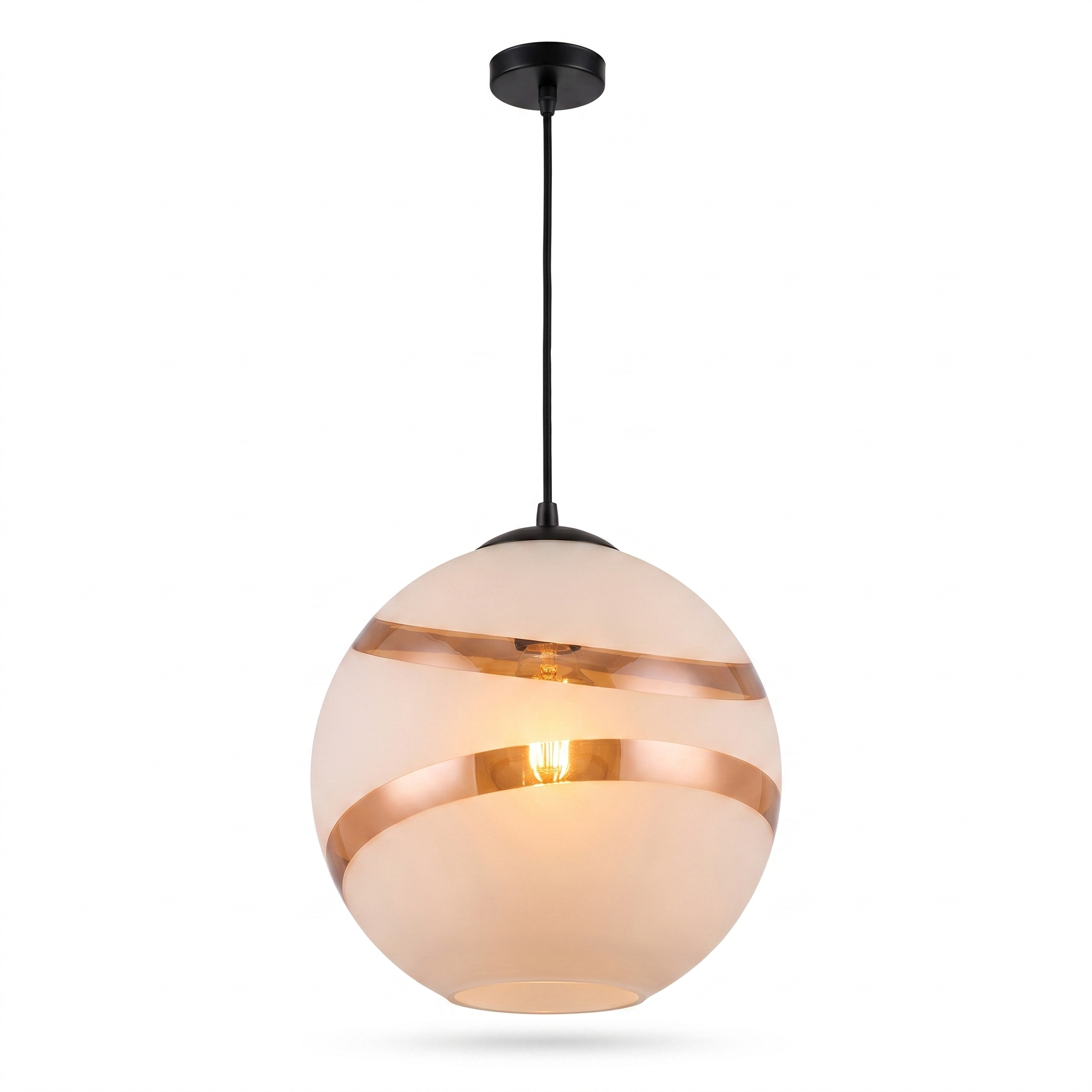 Eclisse Dorata white frosted glass globe pendant with copper spiral