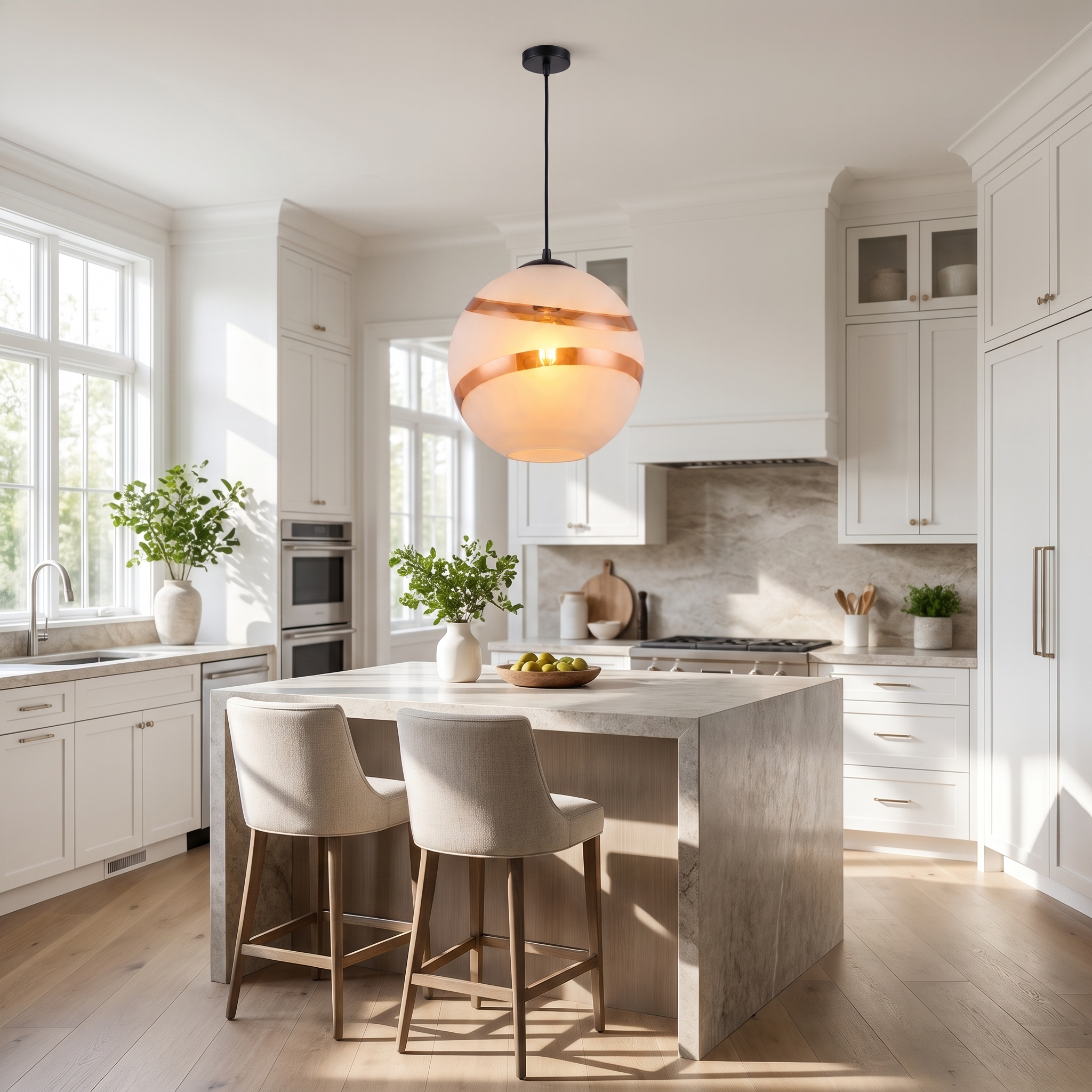 Eclisse Dorata white frosted glass globe pendant over kitchen island