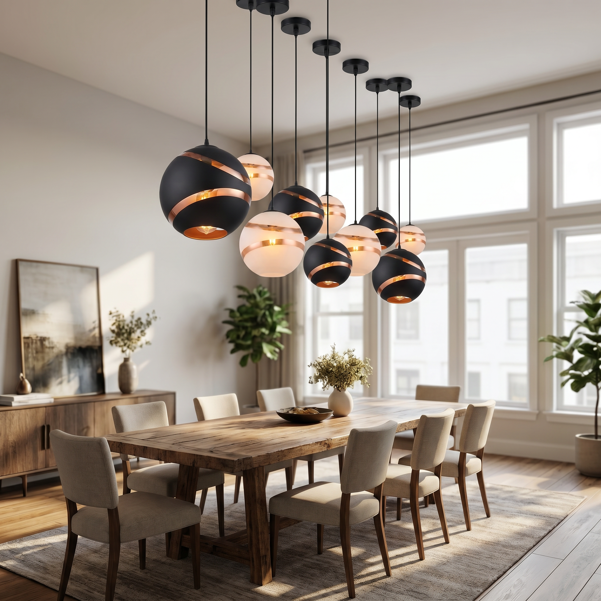 Eclisse Dorata black and white glass globe pendant cluster over dining table