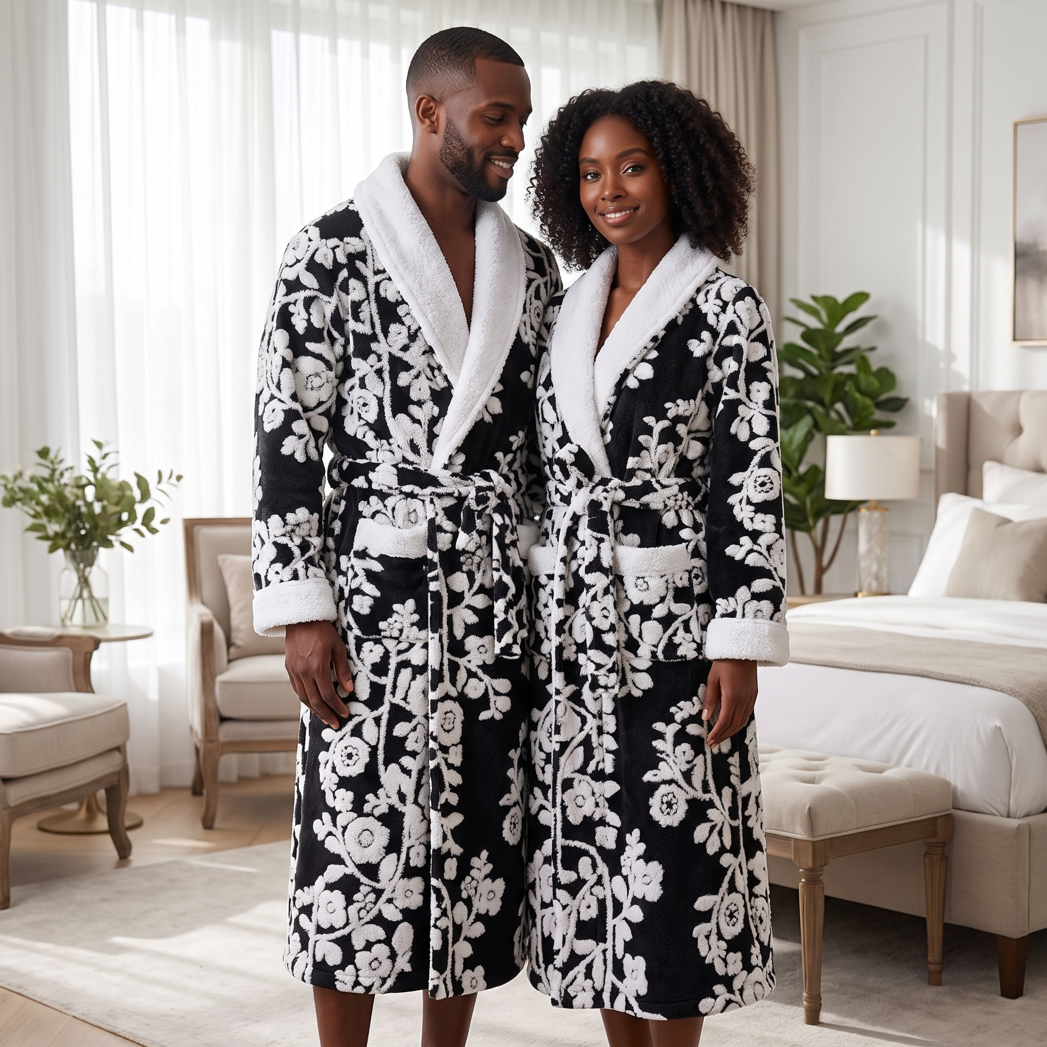 Amorosa Floral Jacquard Robe couple lifestyle in luxury bedroom