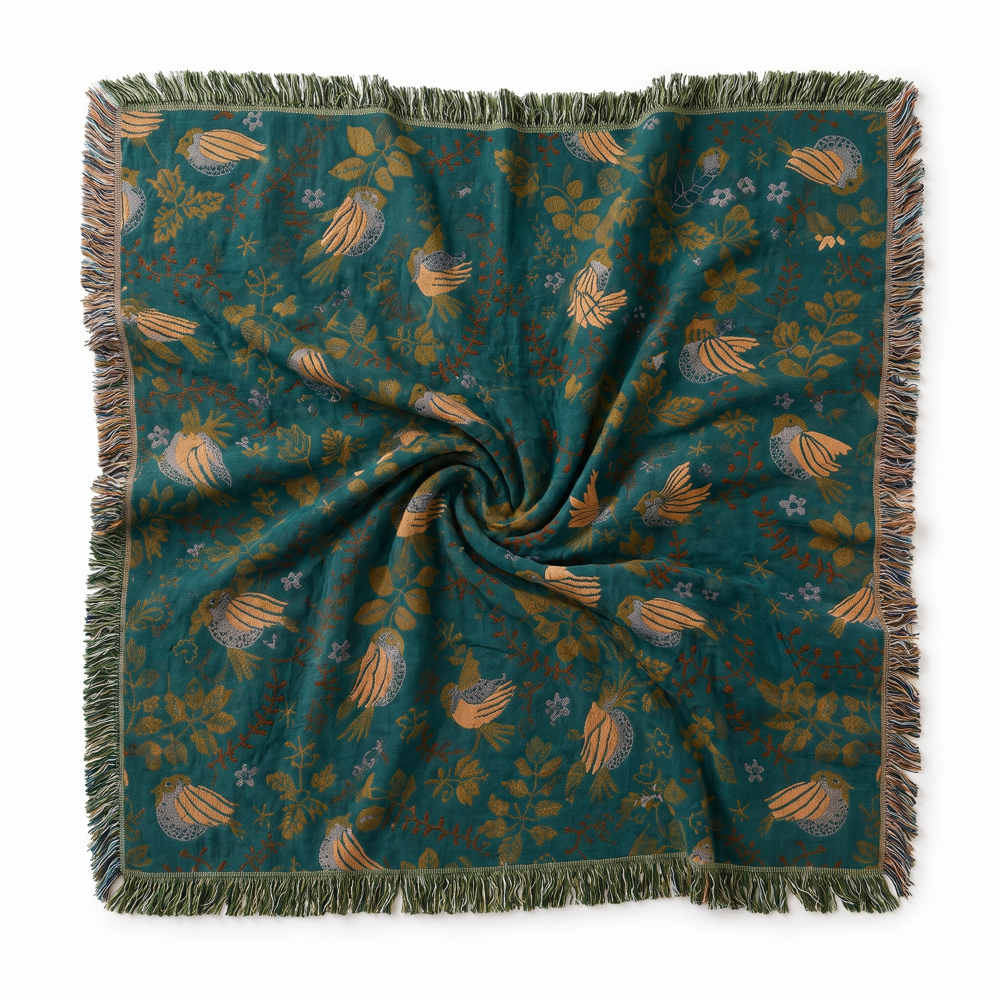 Giardino Incantato woven cotton throw teal bird and floral pattern