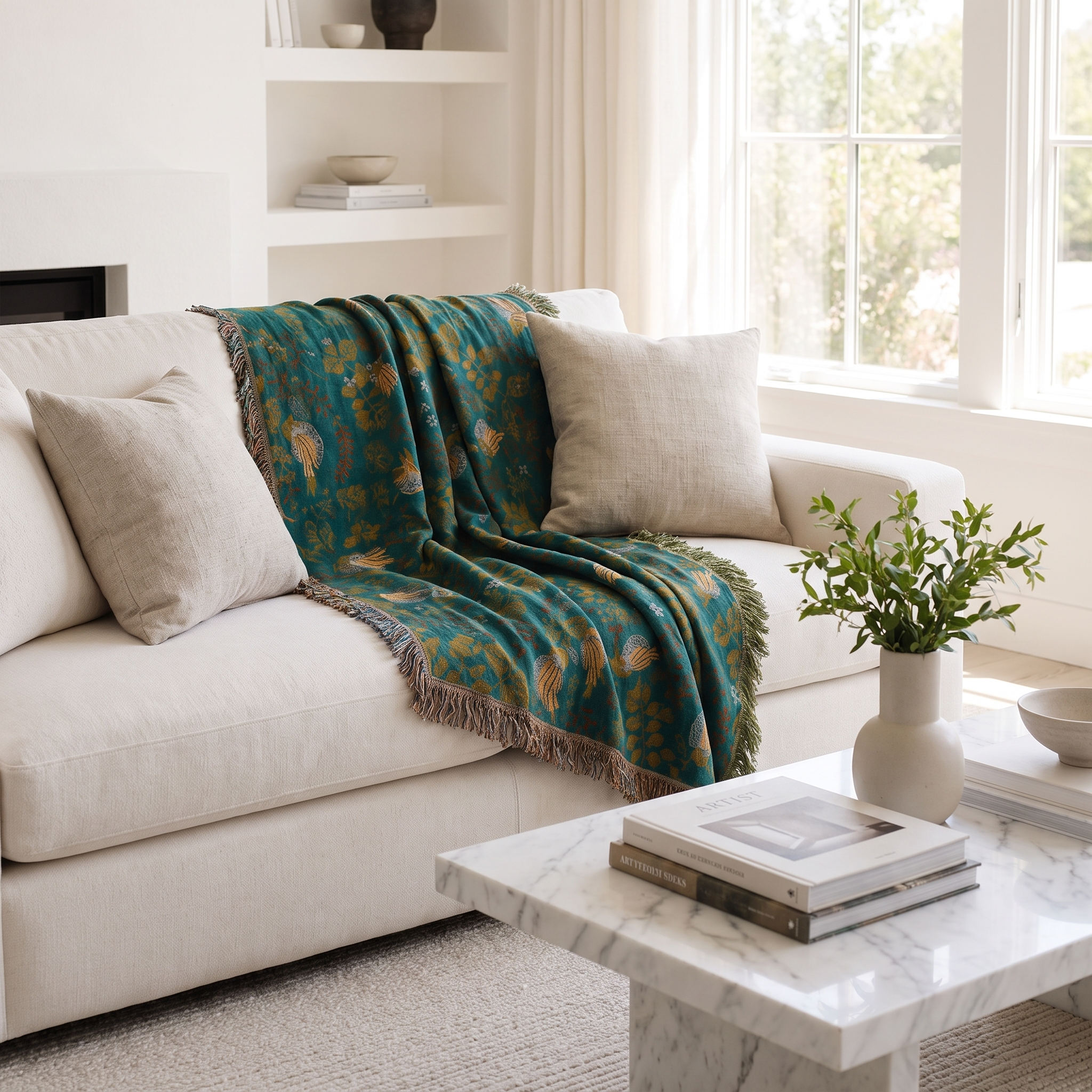 Giardino Incantato woven throw draped over a cream linen sofa