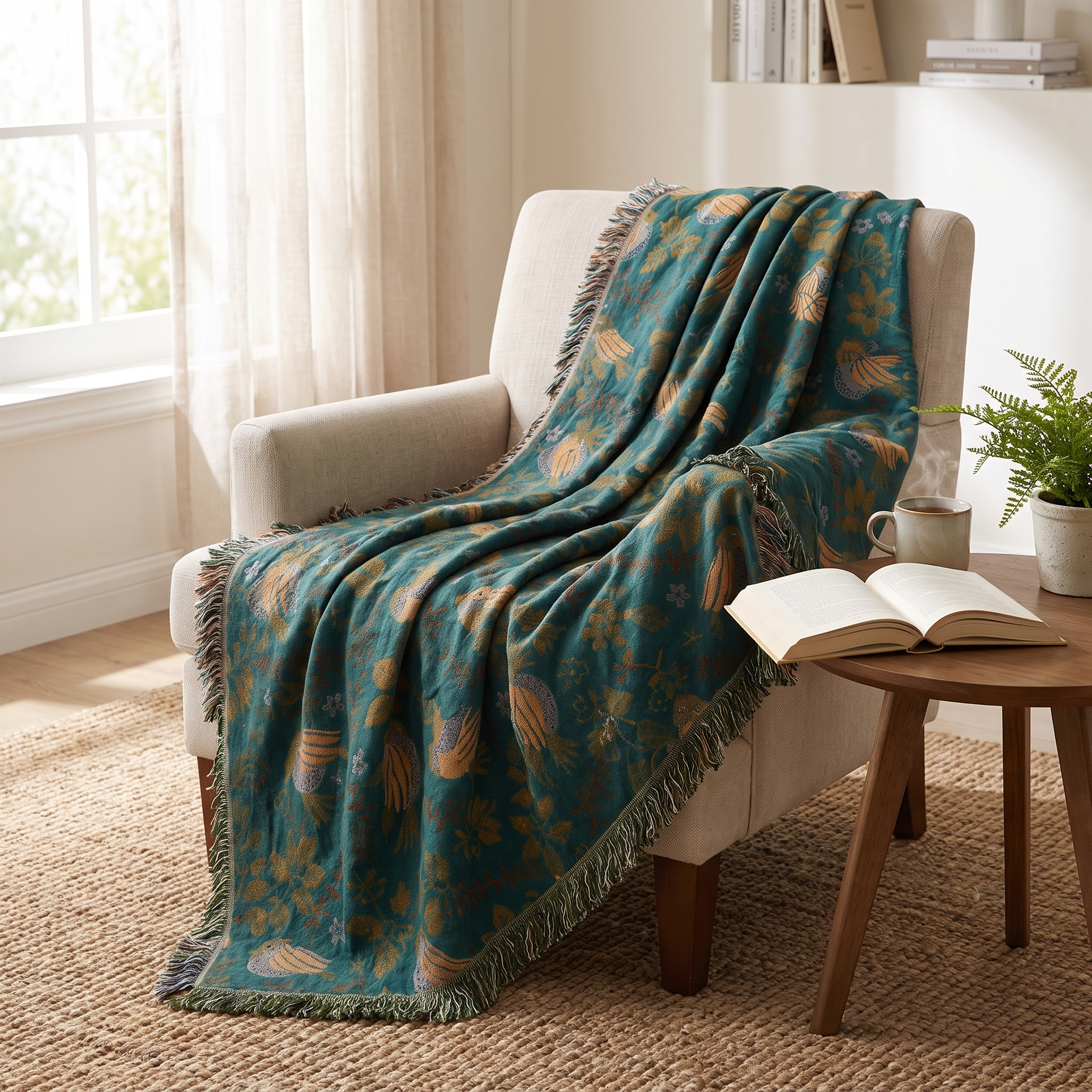 Giardino Incantato woven throw over a reading armchair