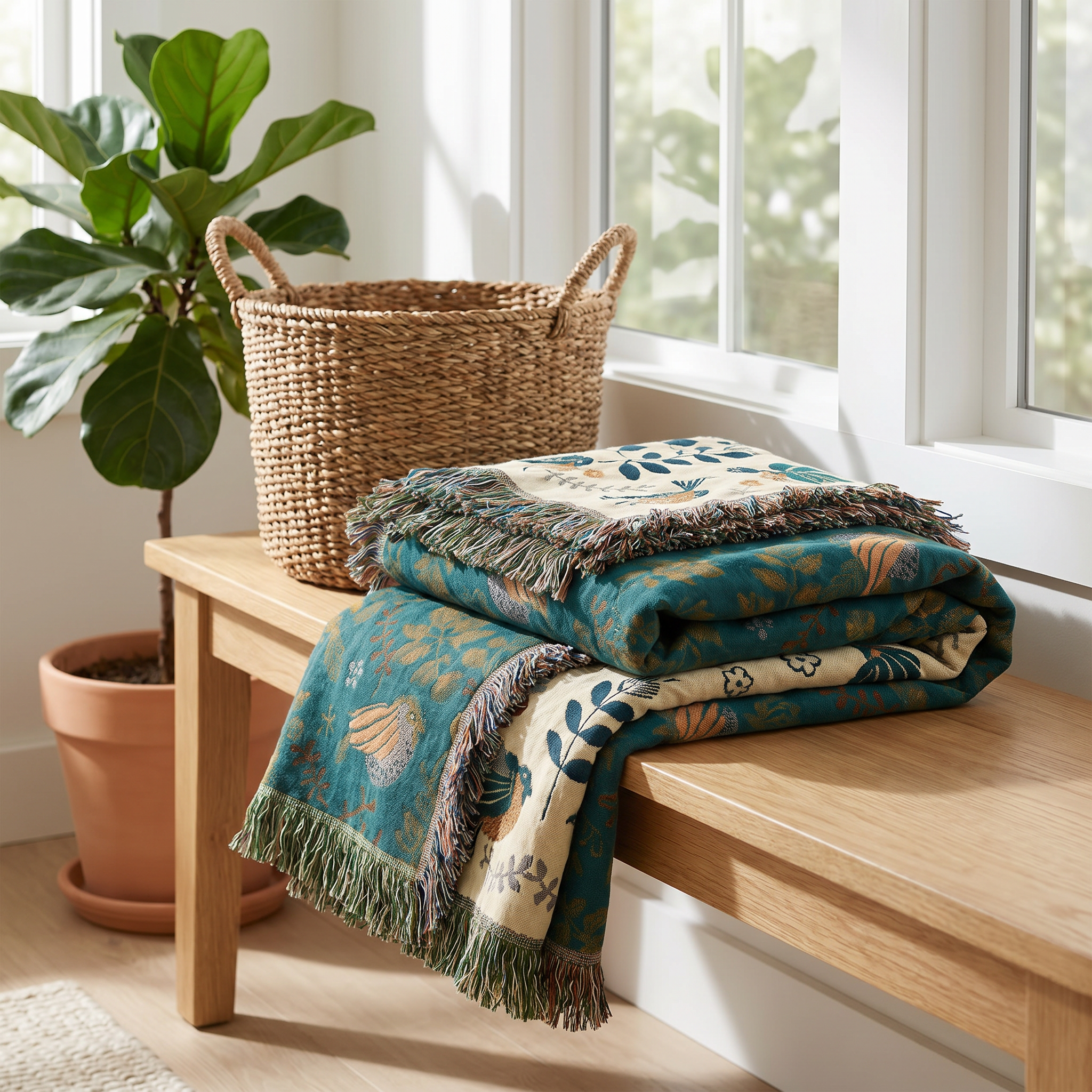 Giardino Incantato woven throw folded on an entryway bench