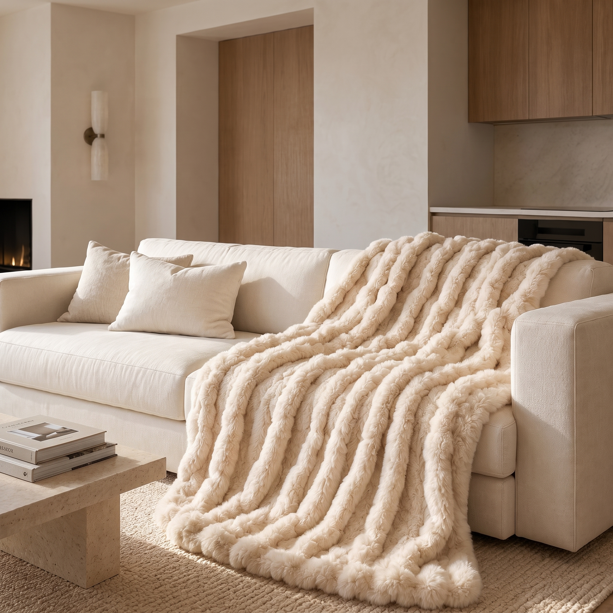Nuvola Morbida beige faux fur throw draped over a sofa