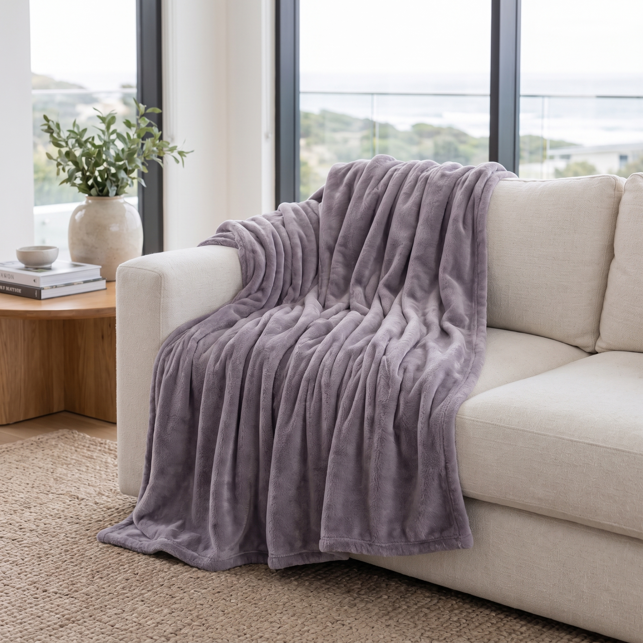 Velluto Sereno lavender velvet throw over a sofa