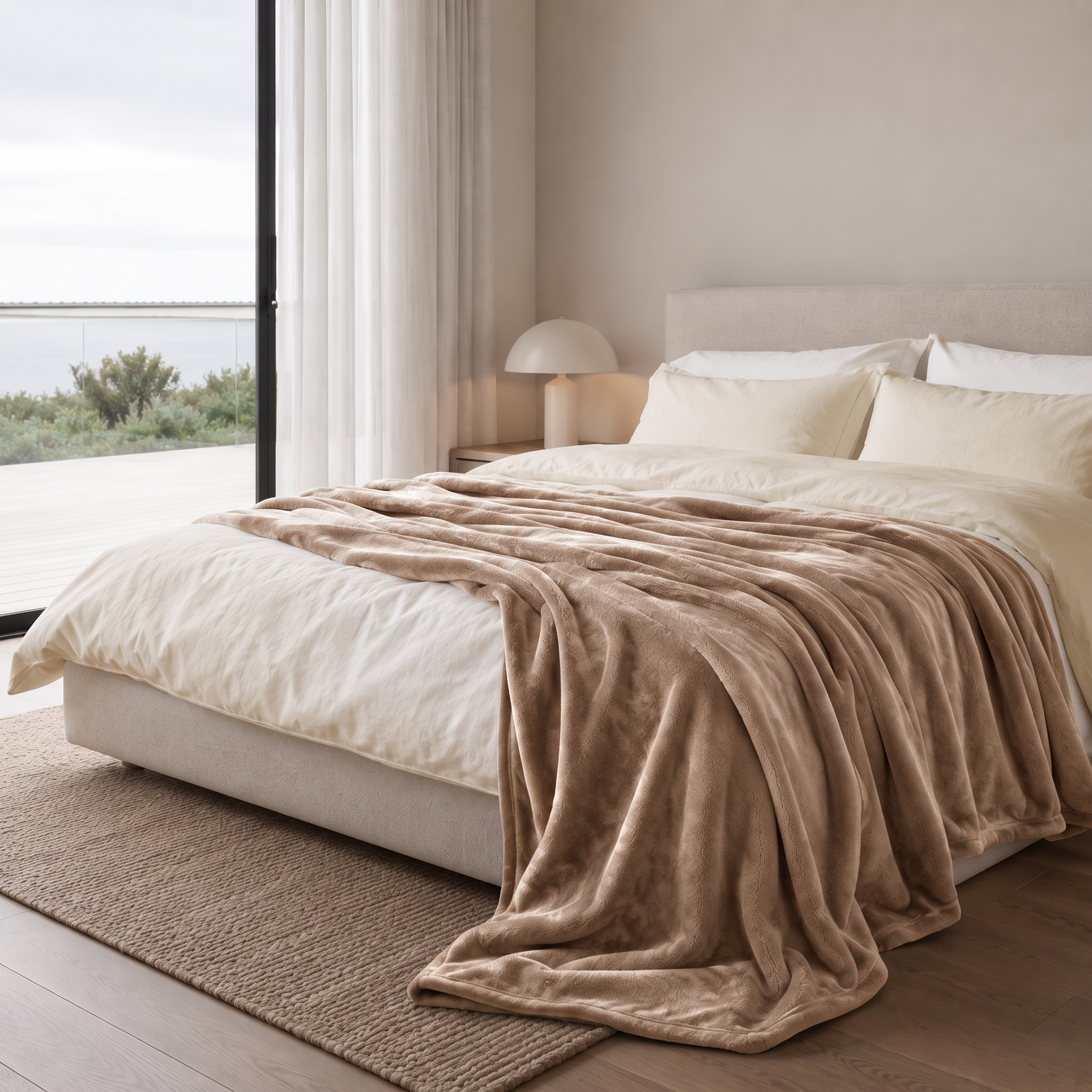 Velluto Sereno golden sand velvet throw across a bed