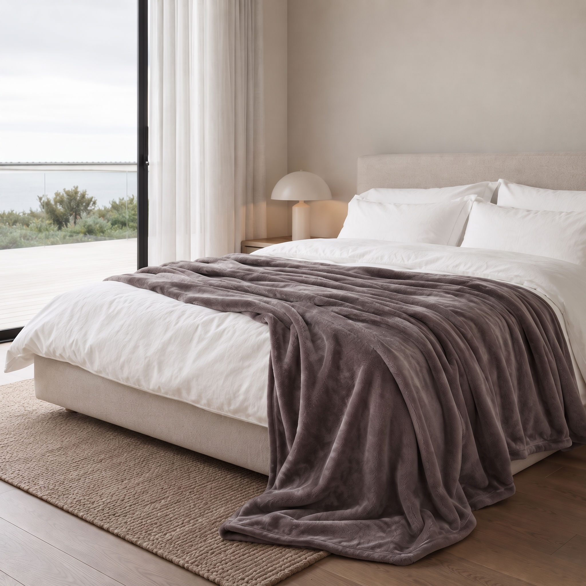 Velluto Sereno midnight taupe velvet throw across a bed