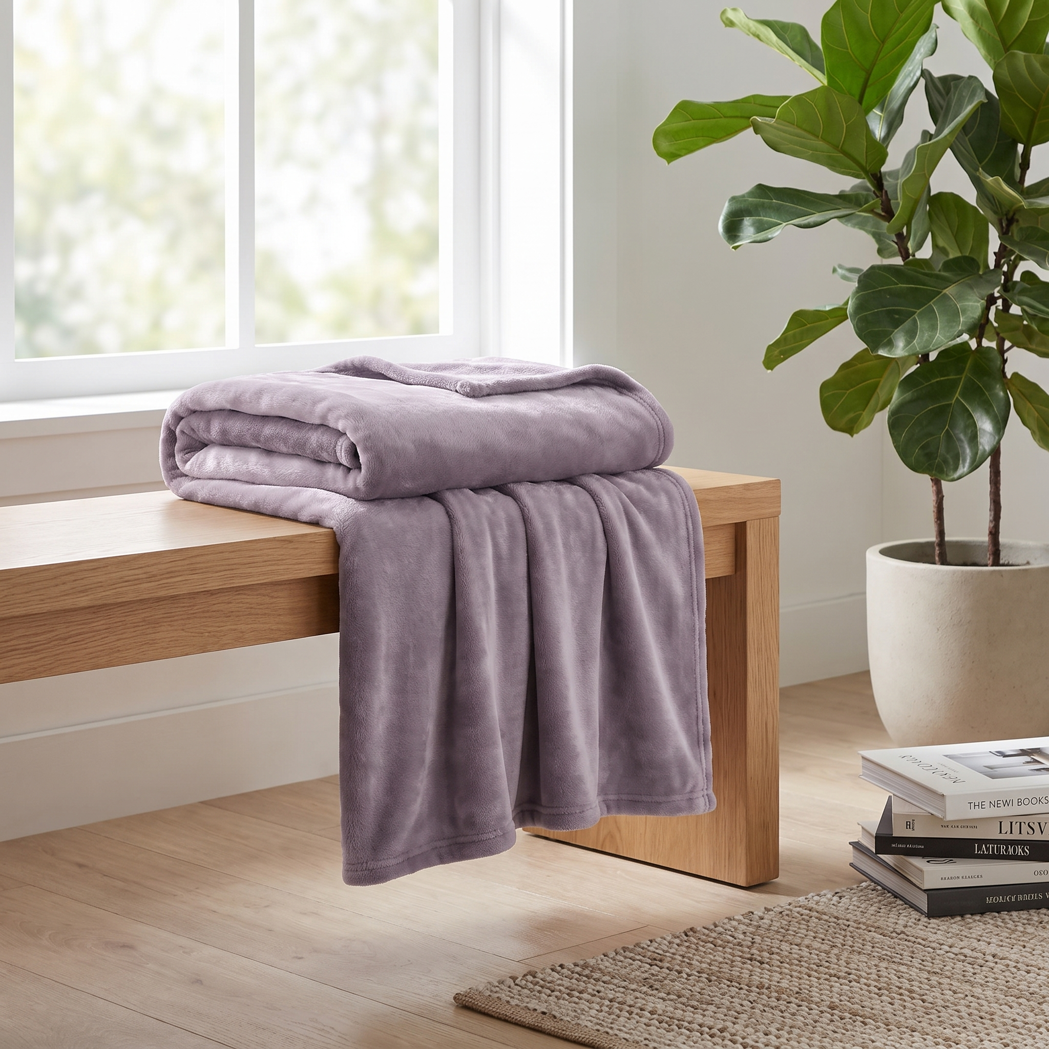 Velluto Sereno lavender velvet throw folded on a bench