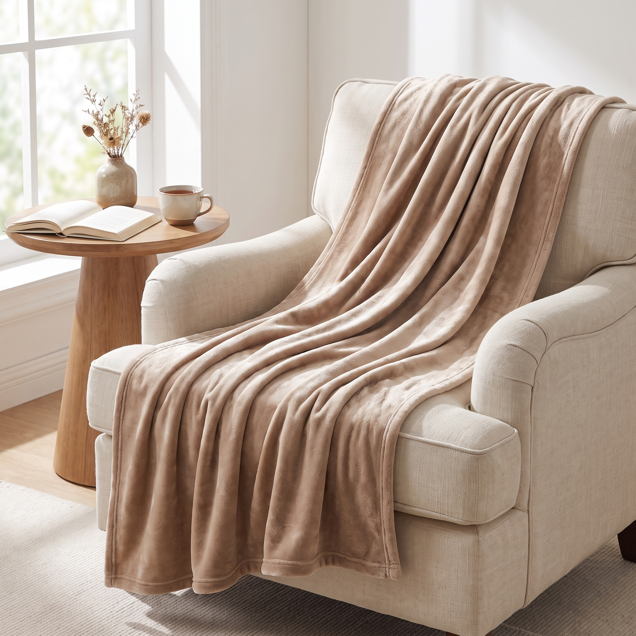 Velluto Sereno golden sand velvet throw over an armchair