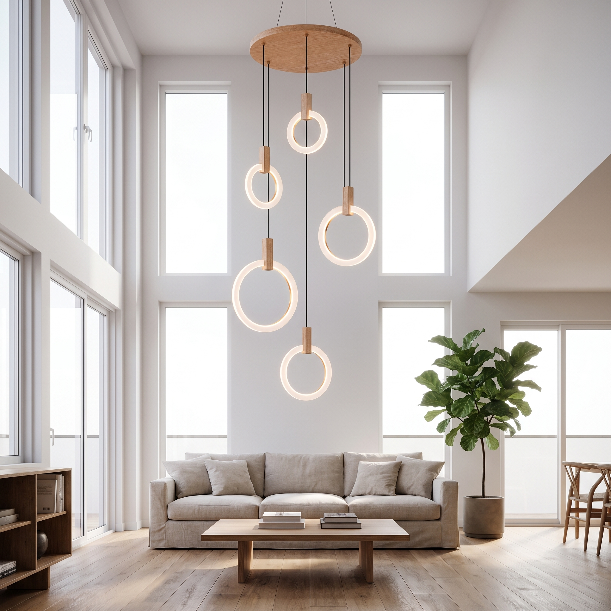 5-ring wood ring chandelier in a bright double-height living room