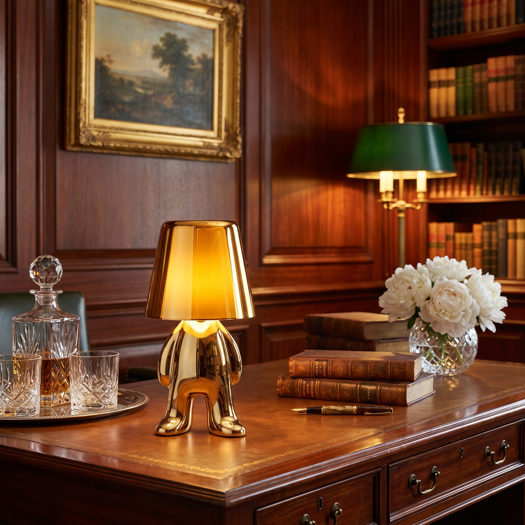 Gold standing statuette lamp on a leather-topped mahogany desk in an old-money wood-panelled study