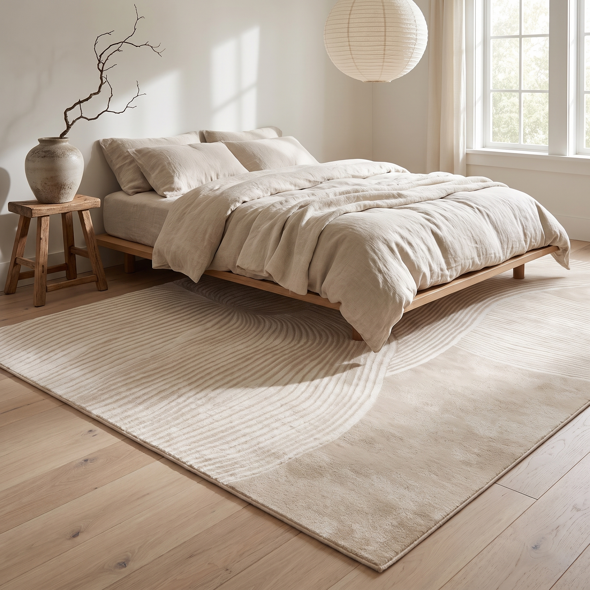 Plush cream zen-line rug in a serene minimalist bedroom