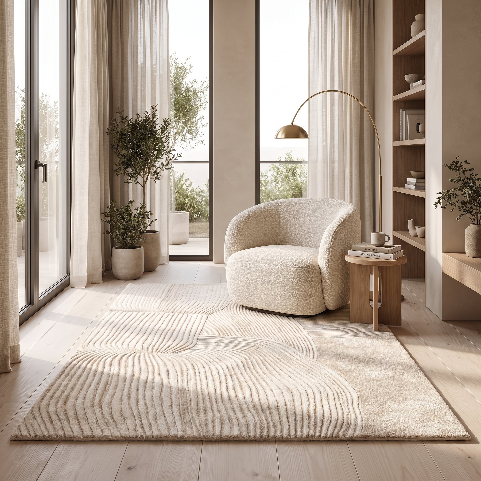 Plush cream zen-line rug in a tranquil reading lounge