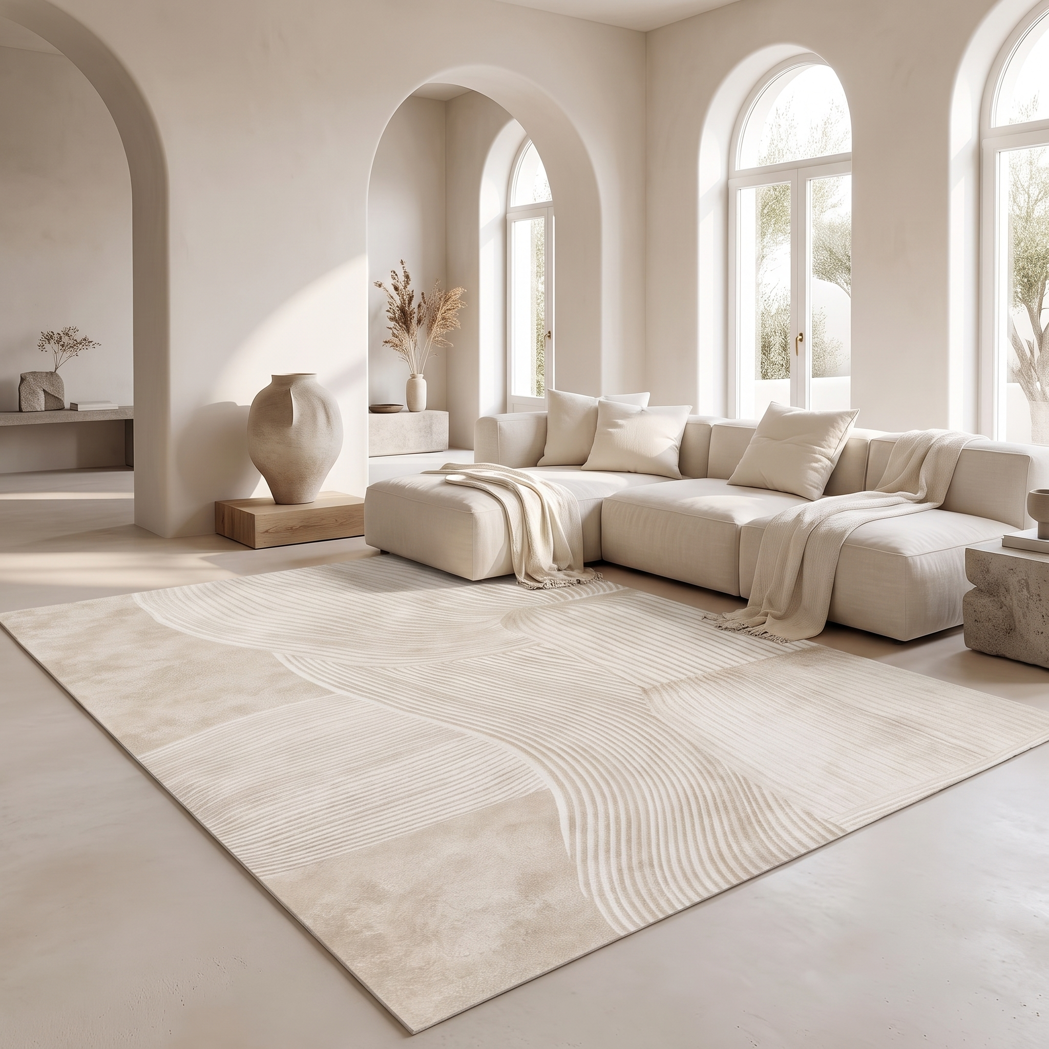 Plush cream zen-line rug in a bright open-plan wabi-sabi living space