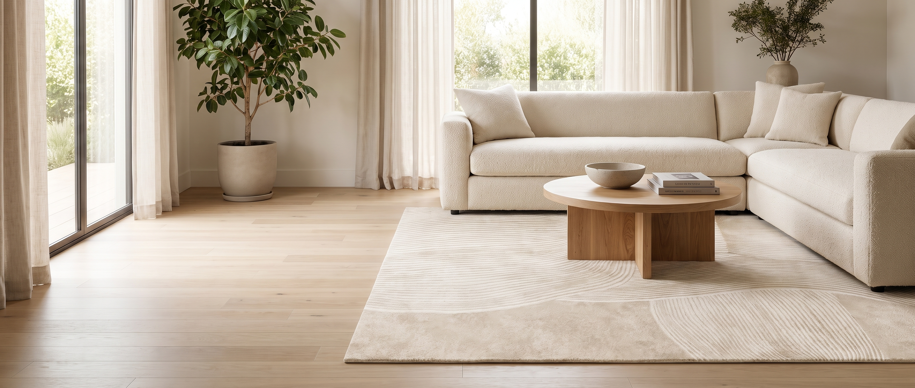 Calma Serena plush area rug in a bright Japandi living room