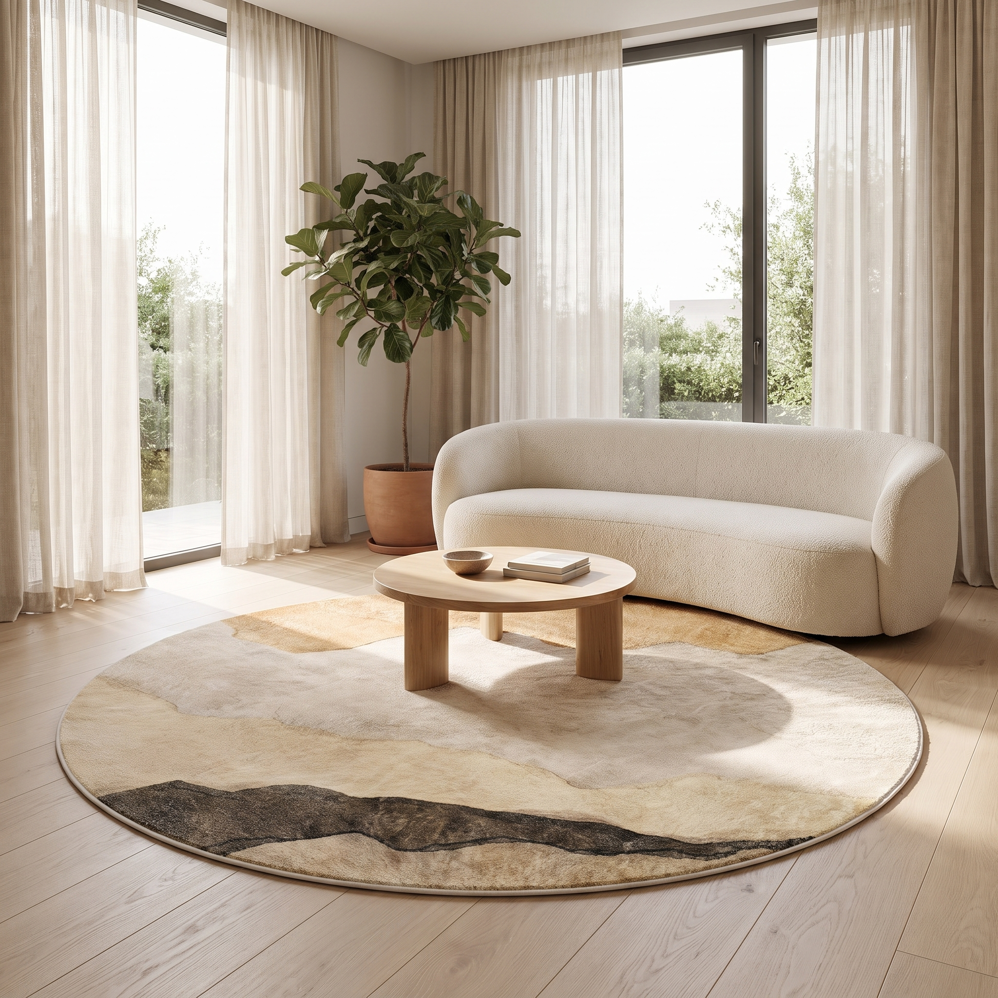 Miraggio round abstract rug in a serene modern living room