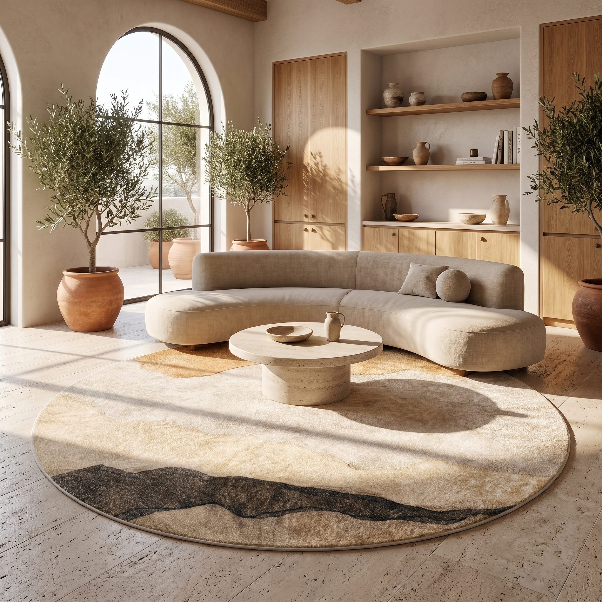Miraggio round abstract rug in a bright open-plan living space