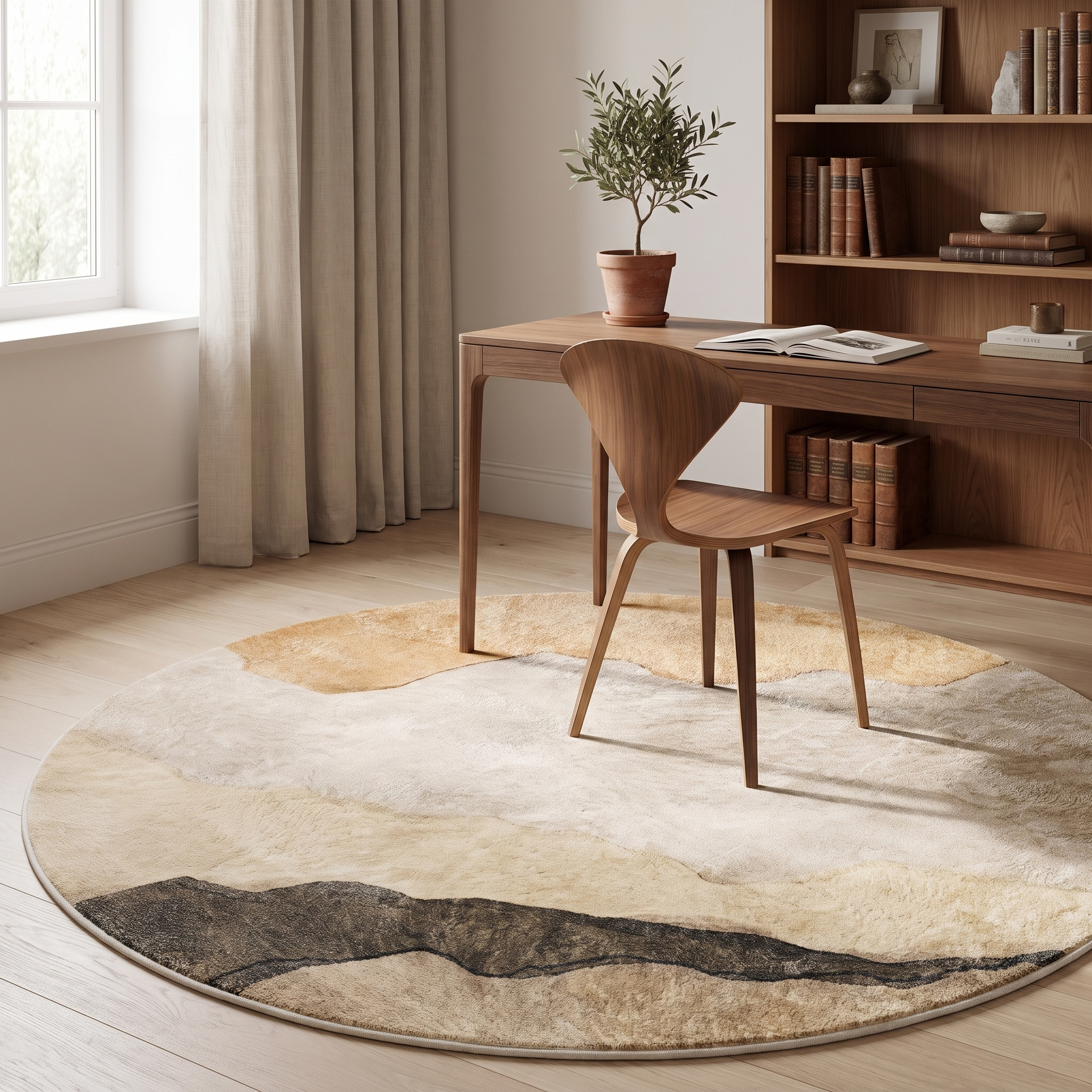 Miraggio round abstract rug in a warm home study