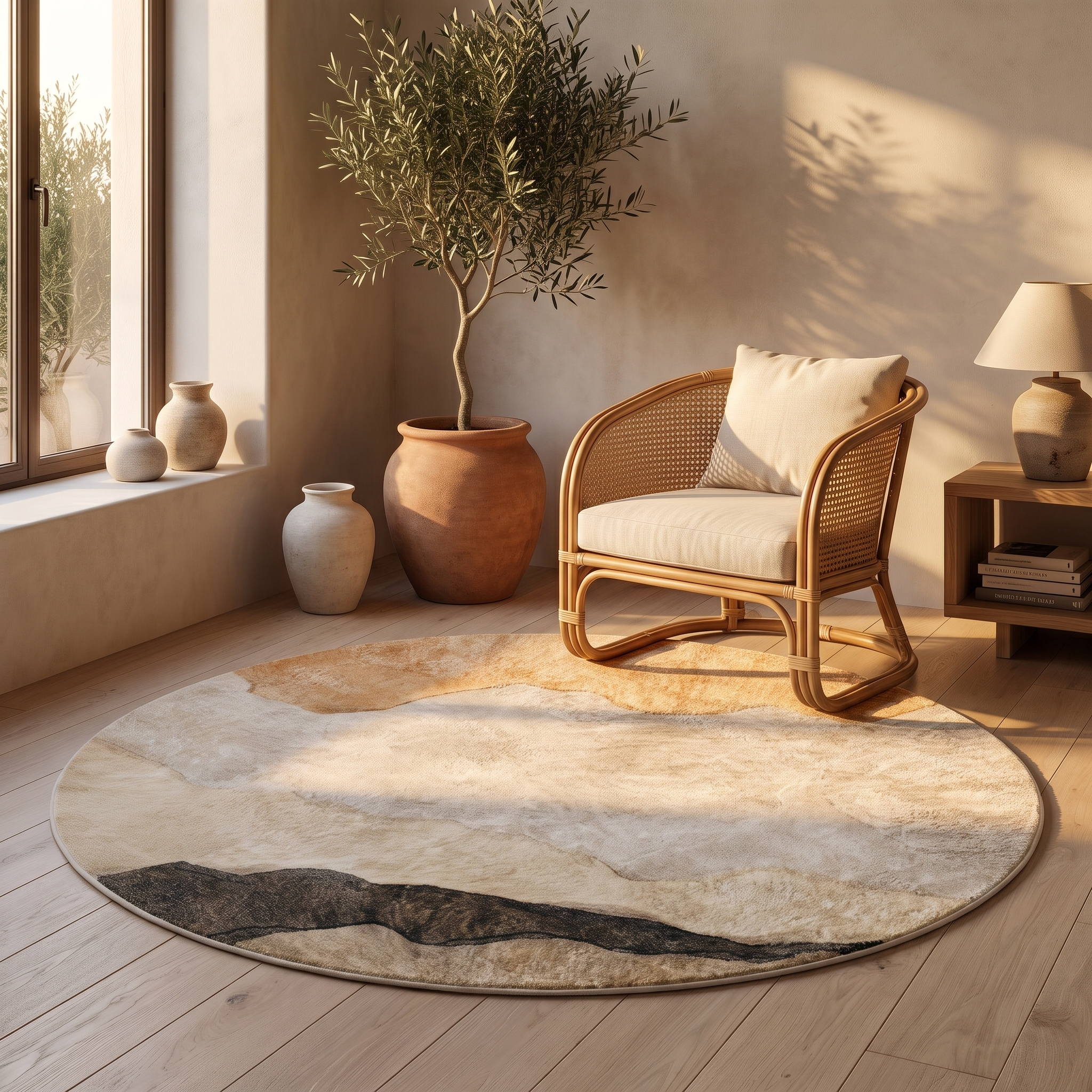 Miraggio round abstract rug in a golden-hour living corner