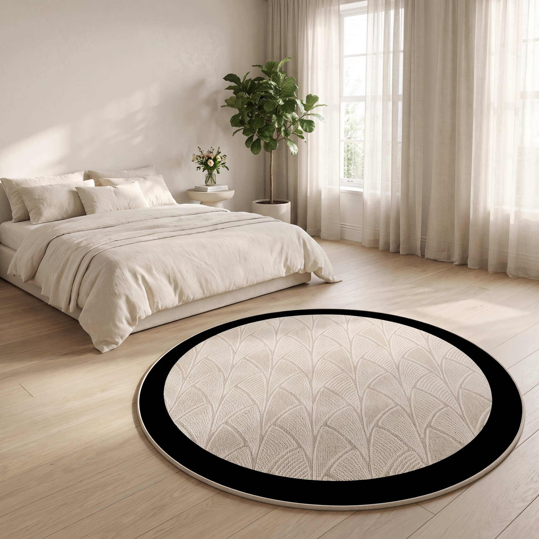 Ventaglio round fan-pattern rug beside a bed in a calm bedroom