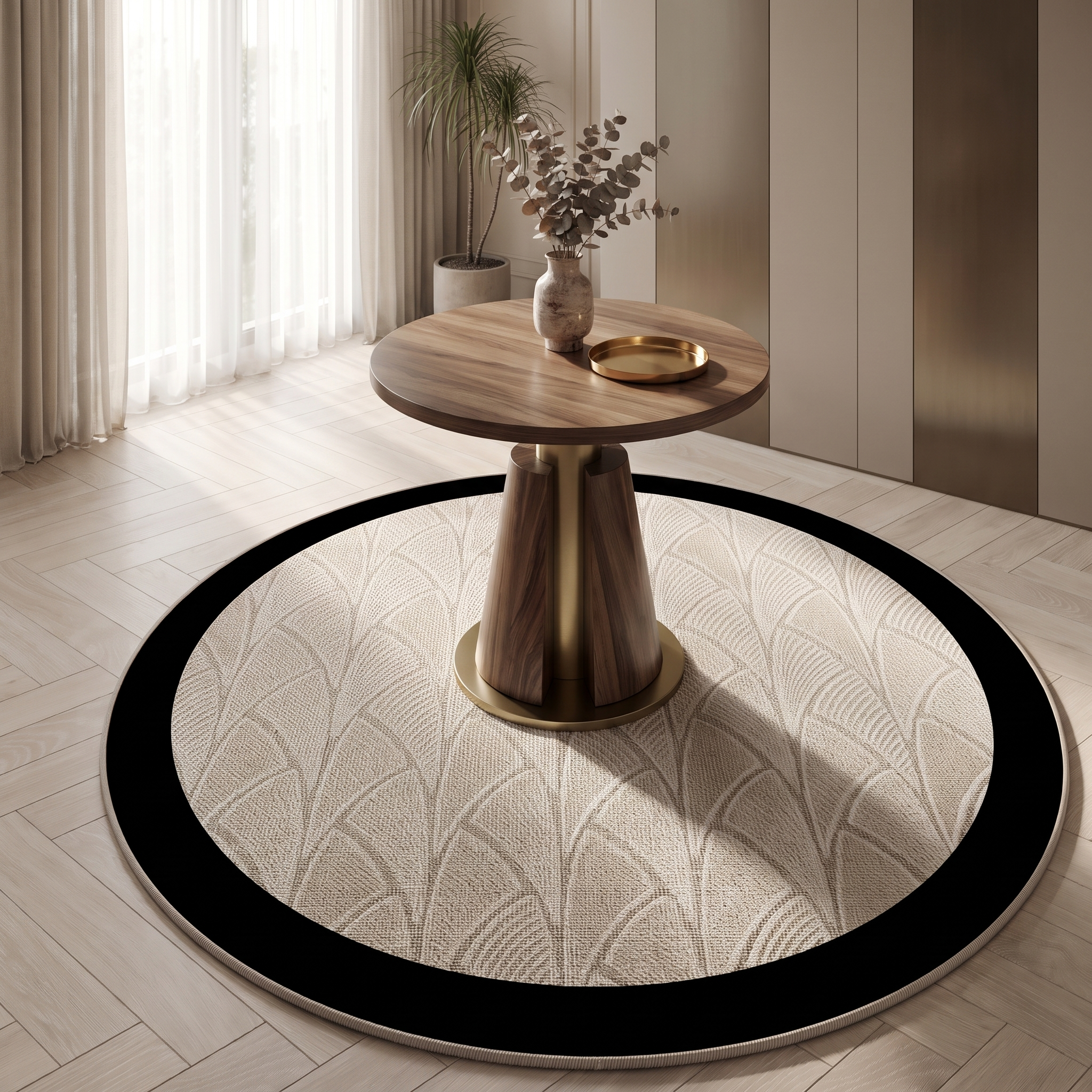 Ventaglio round fan-pattern rug in a chic entryway