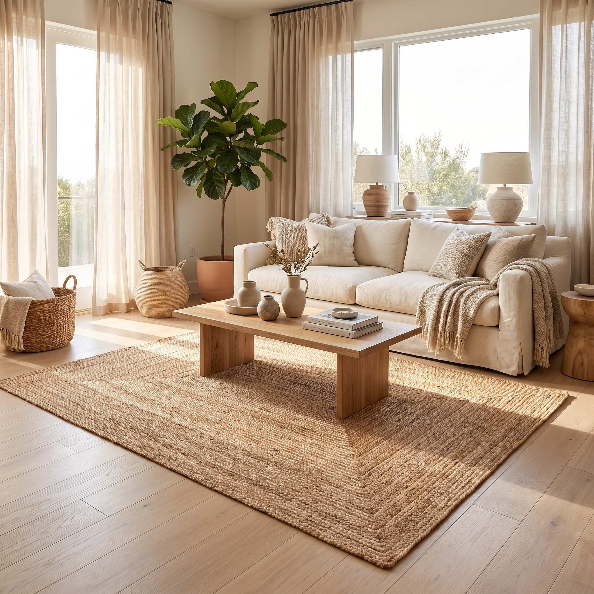 Treccia rectangular jute rug in a serene modern living room