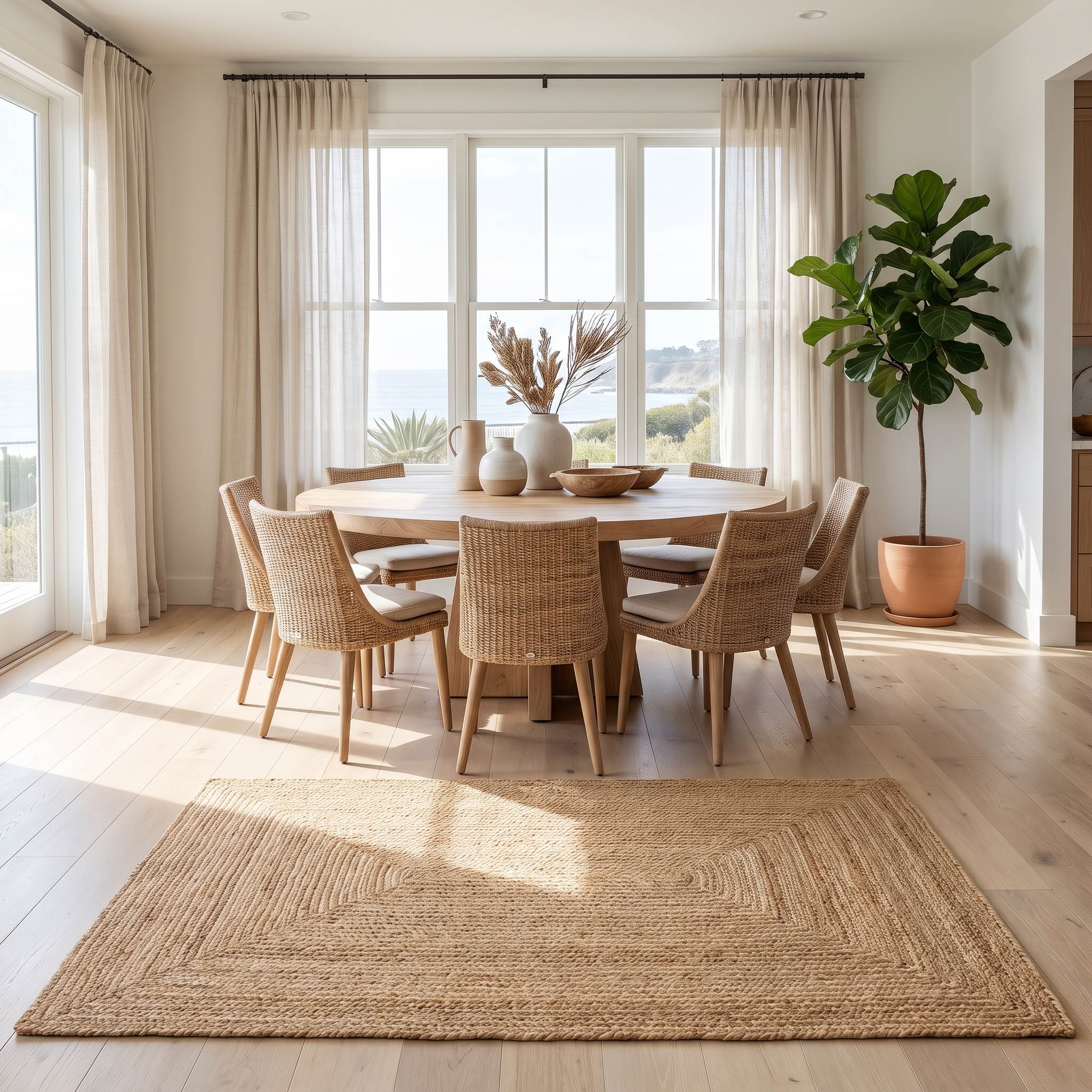 Treccia rectangular jute rug in a bright dining nook
