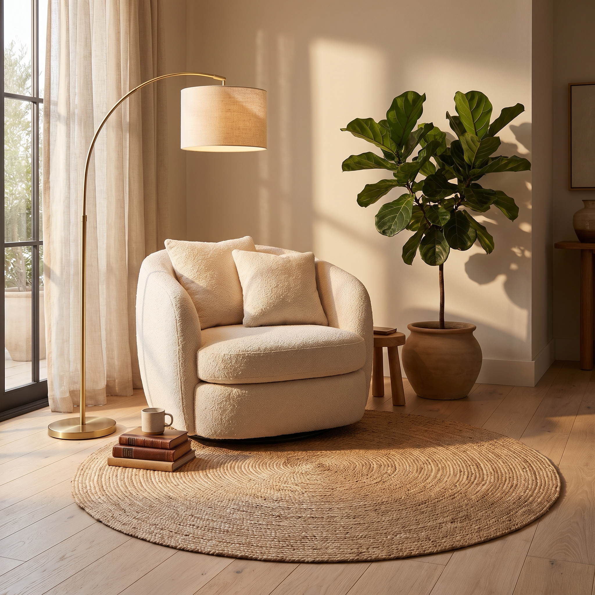 Tonda round jute rug in an elegant reading nook