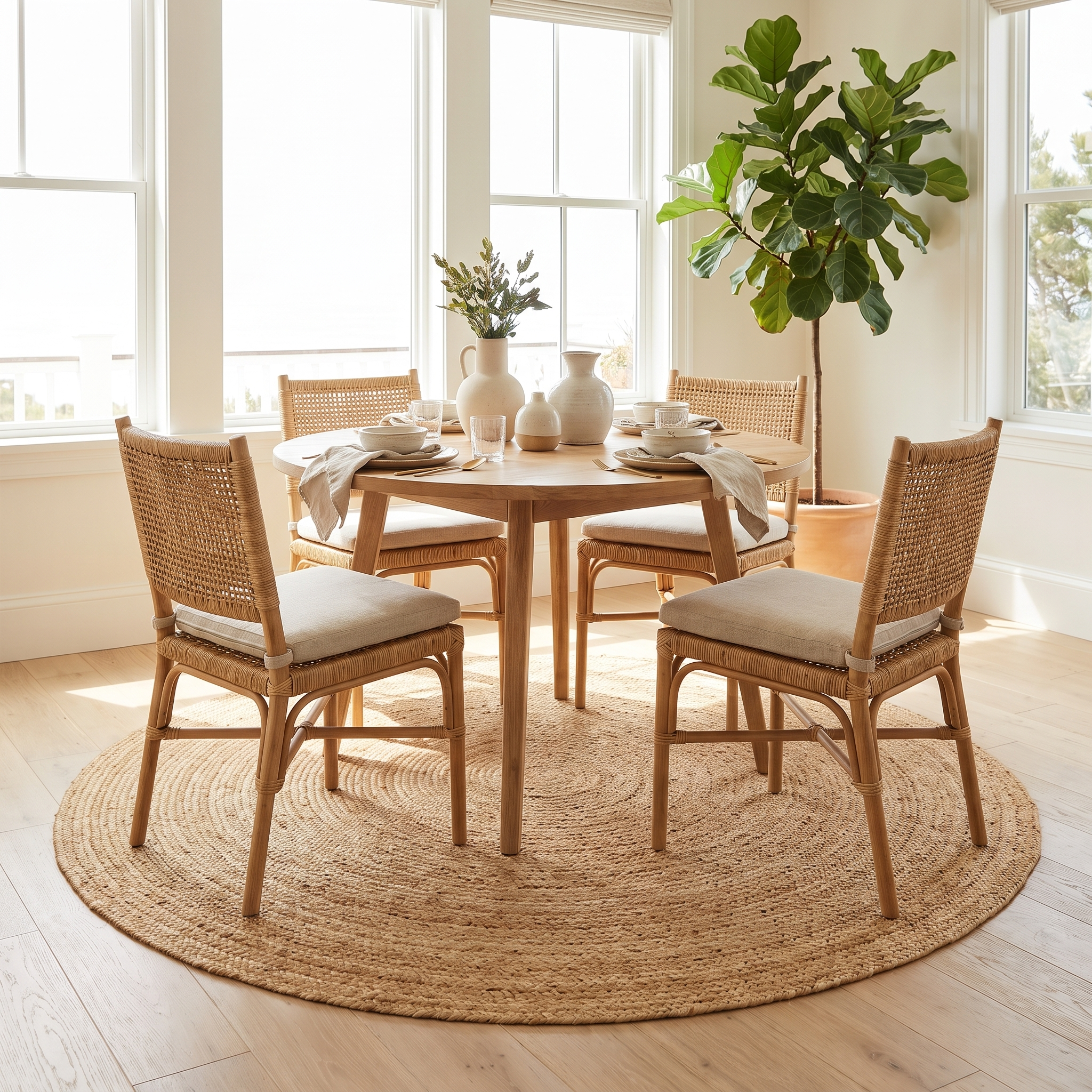 Tonda round jute rug in a bright dining nook