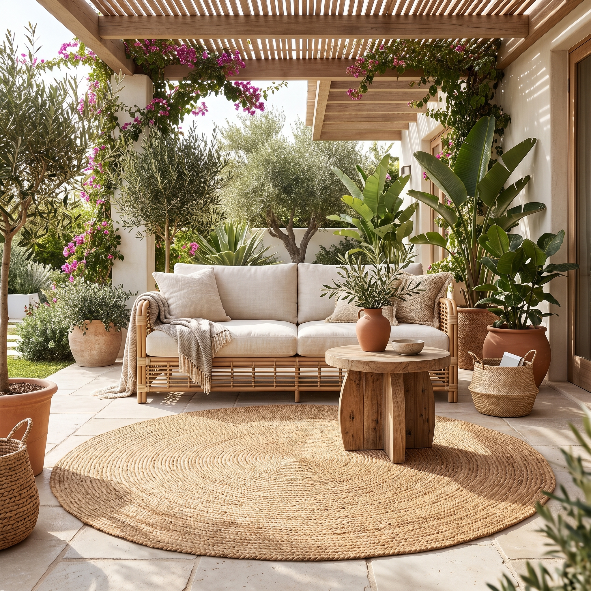 Tonda round jute rug on a covered outdoor patio