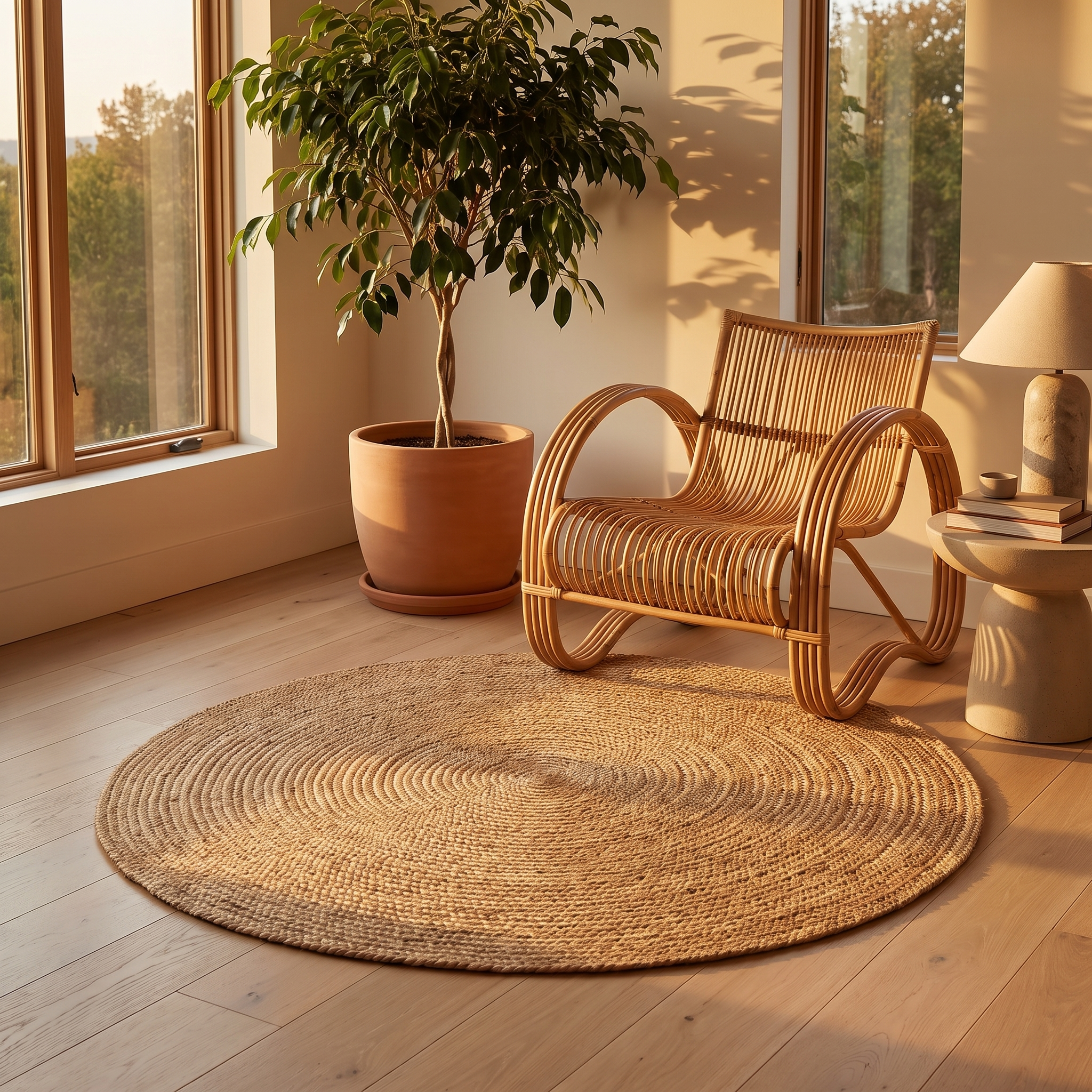 Tonda round jute rug in a golden-hour living corner
