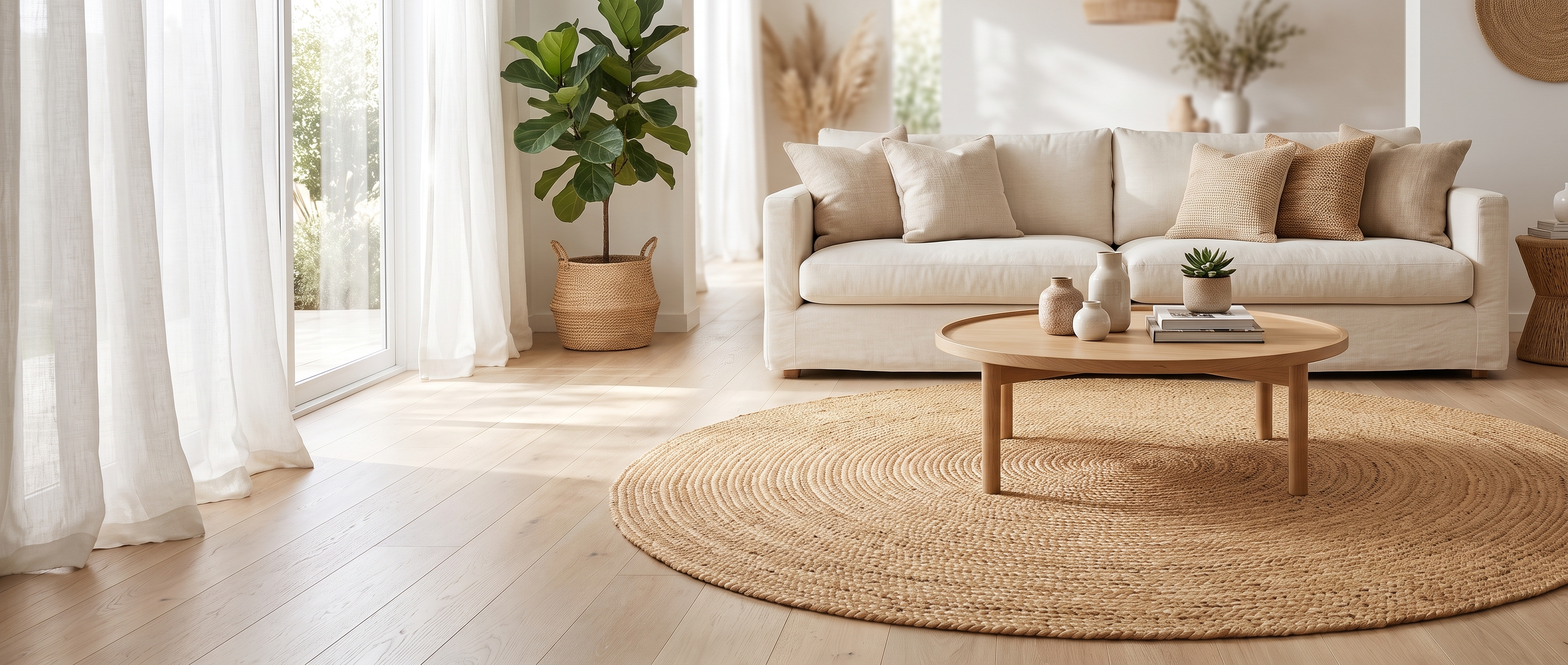 Tonda round jute rug in a bright living room banner