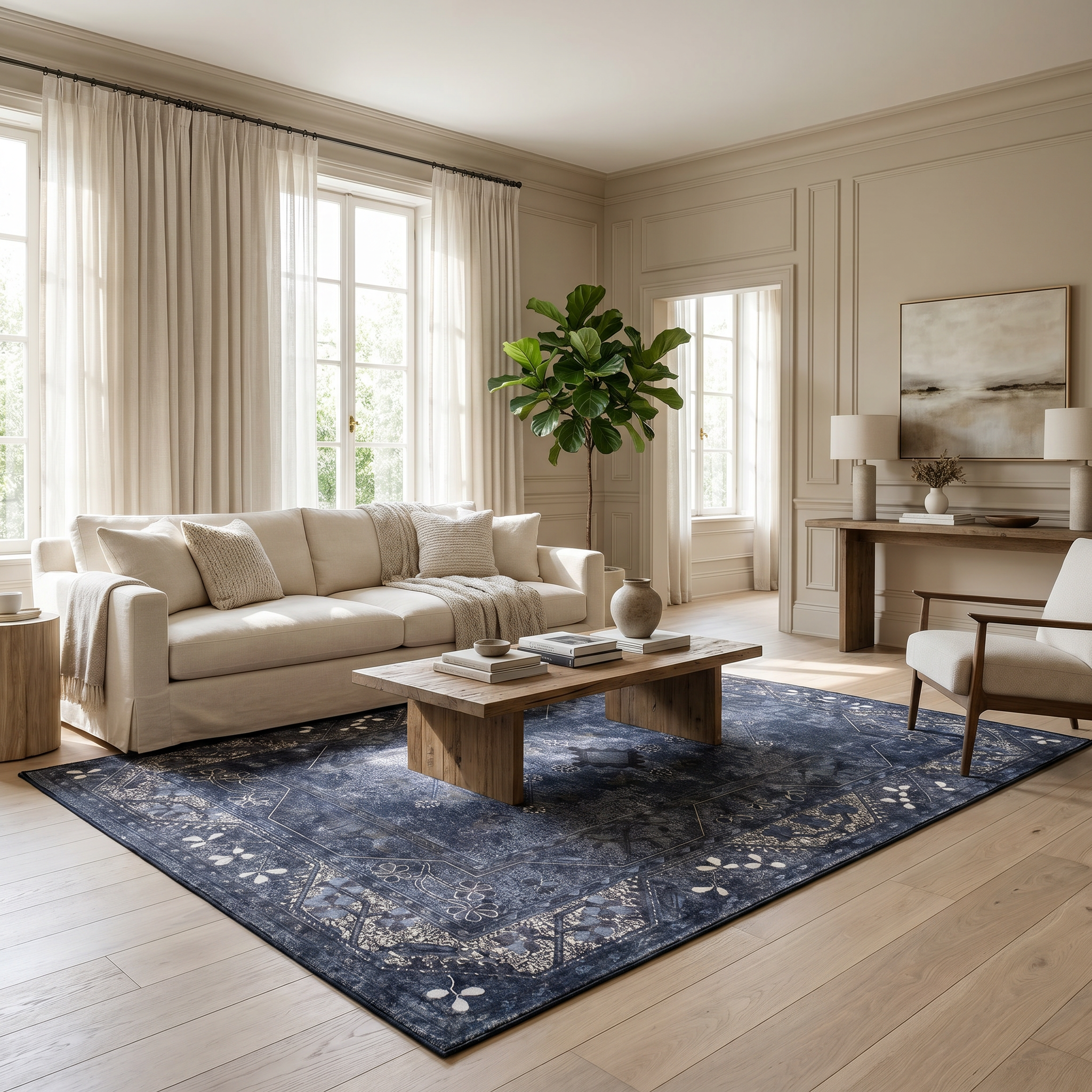 Zaffiro navy Persian rug in an elegant modern-classic living room