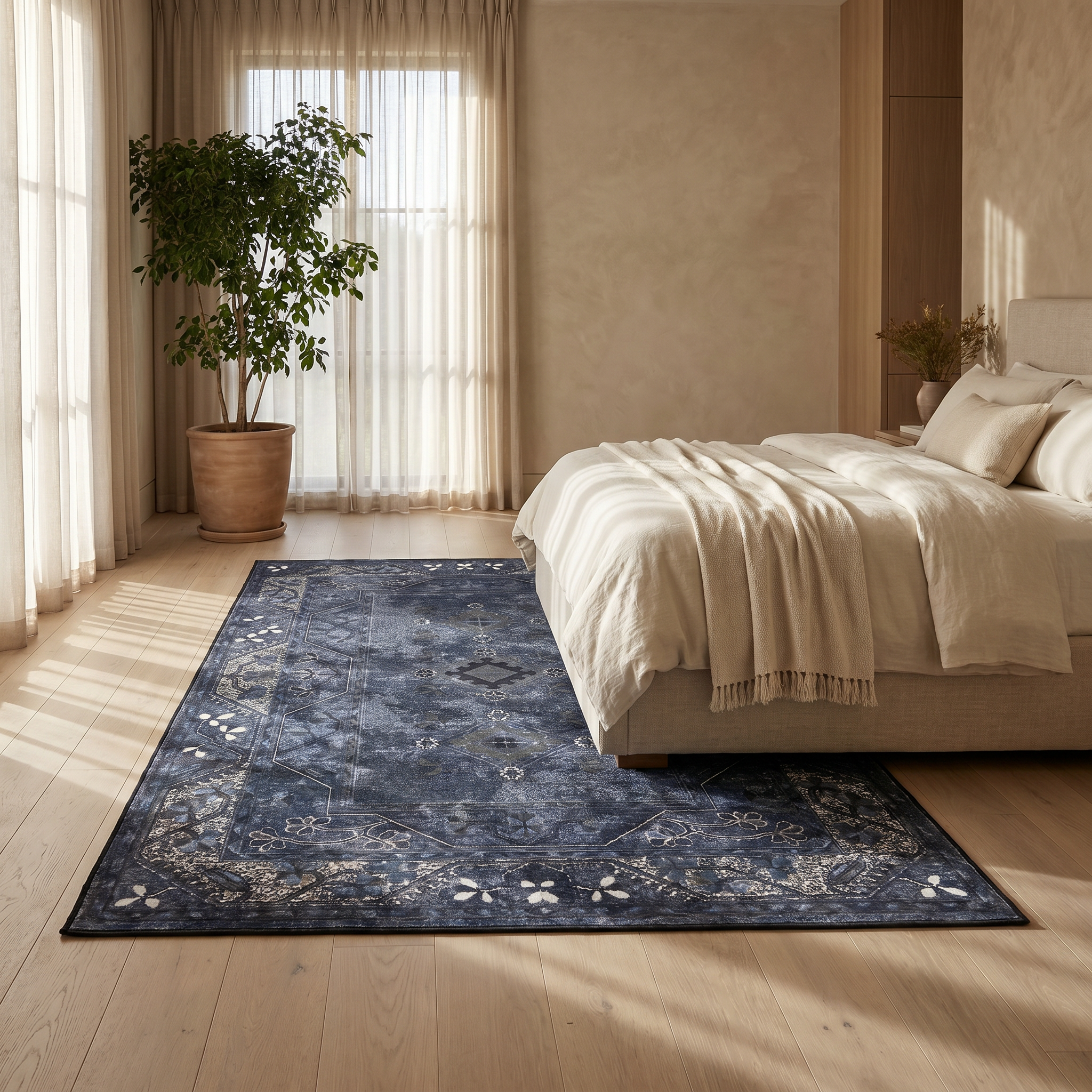 Zaffiro navy Persian rug in a calm elegant bedroom