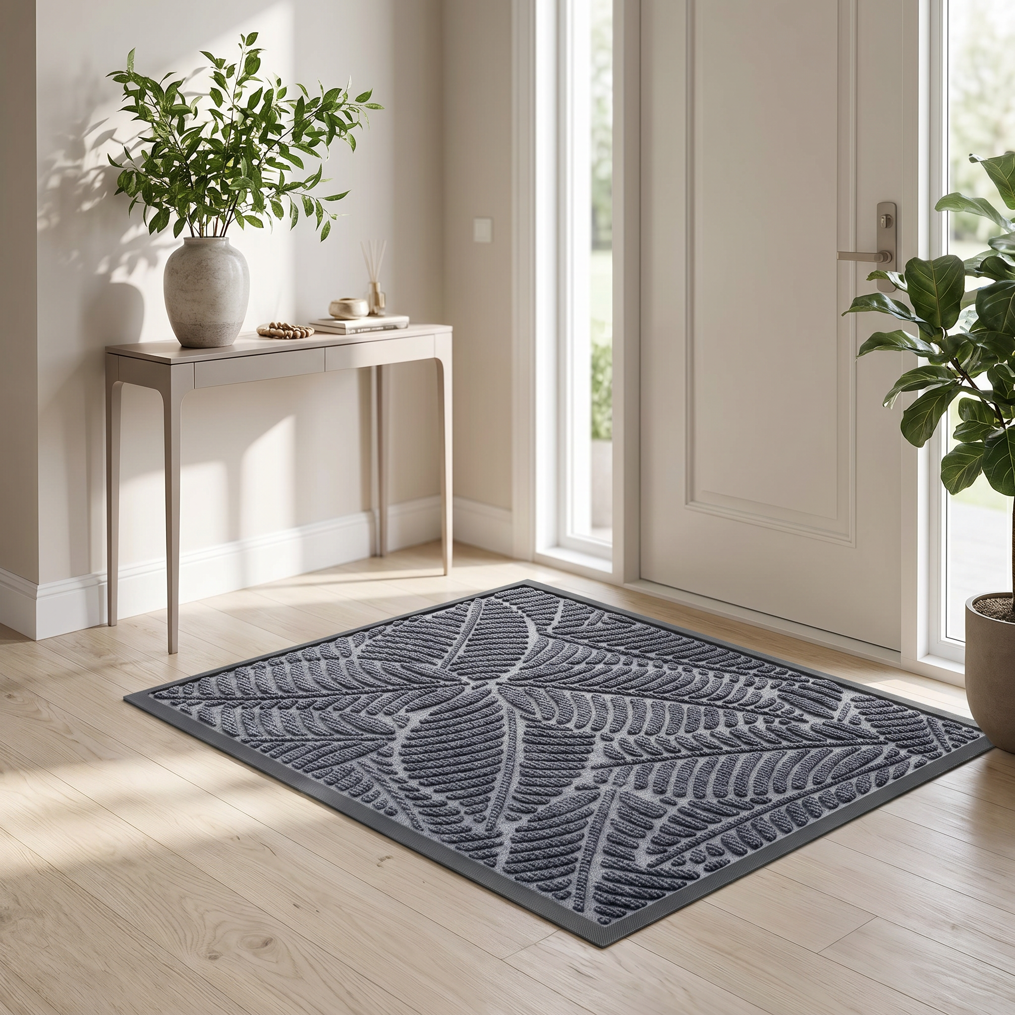 Foglia gray leaf doormat in a modern front-door entryway