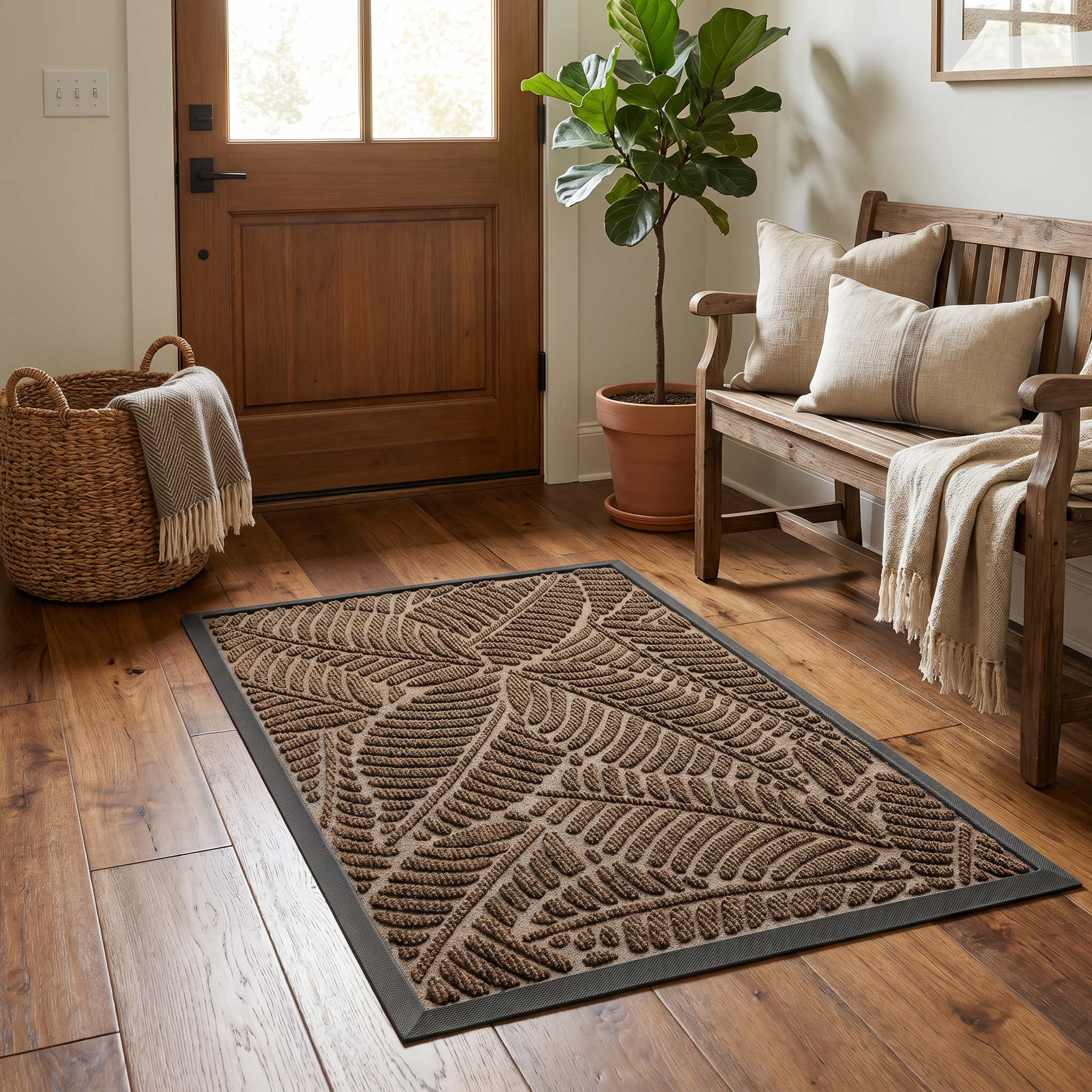 Foglia brown leaf doormat in a farmhouse entryway