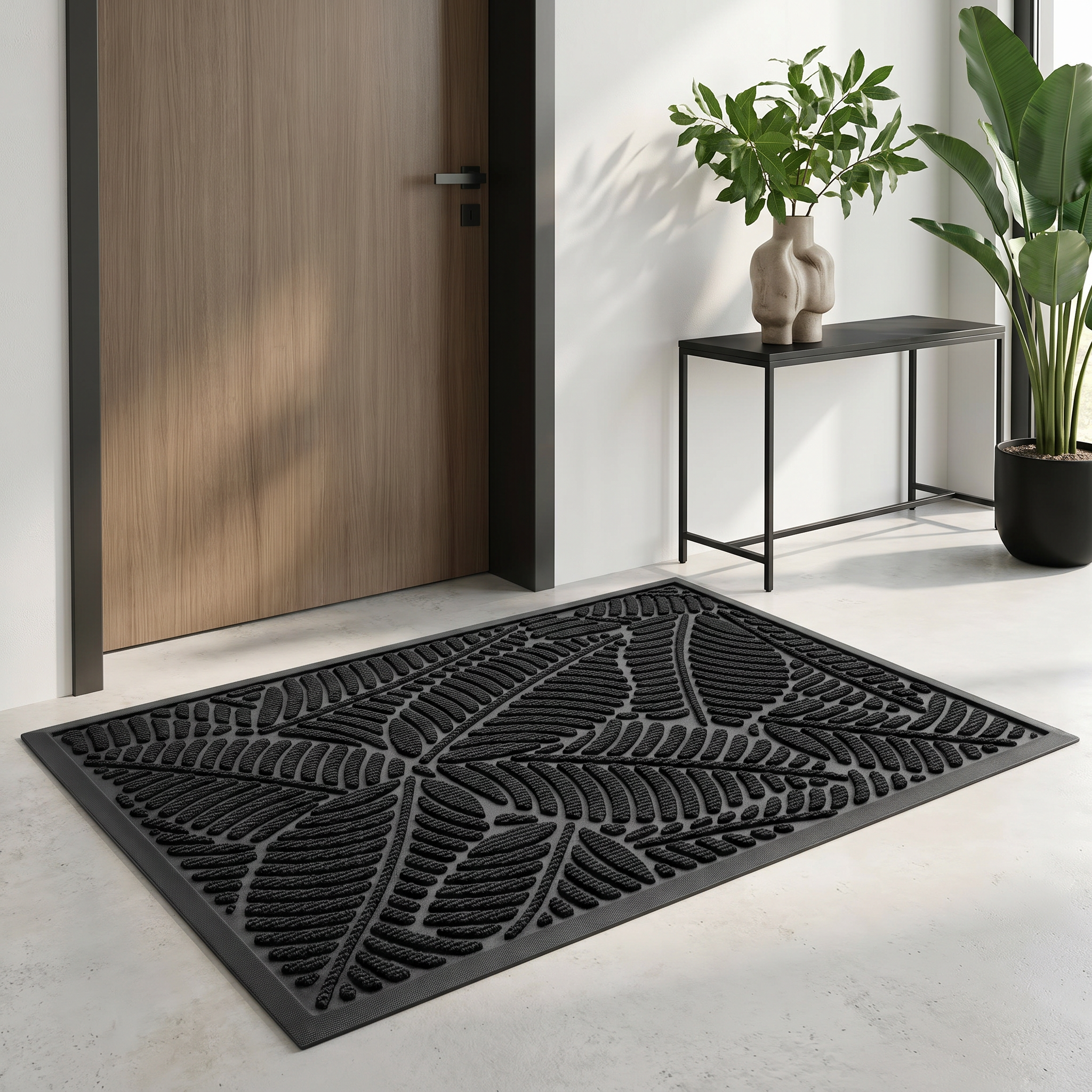 Foglia black leaf doormat in a modern minimalist entry