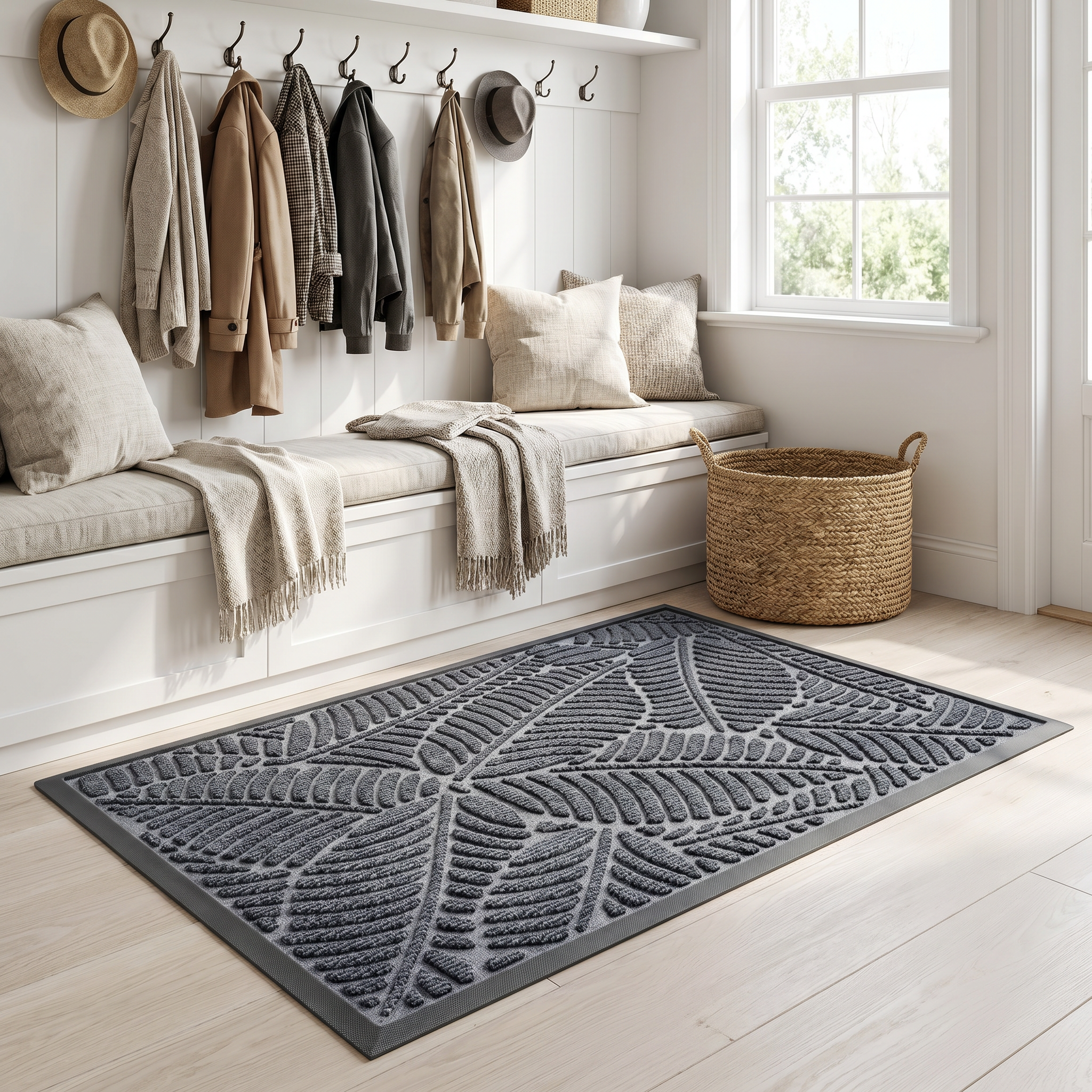 Foglia gray leaf doormat in a bright mudroom
