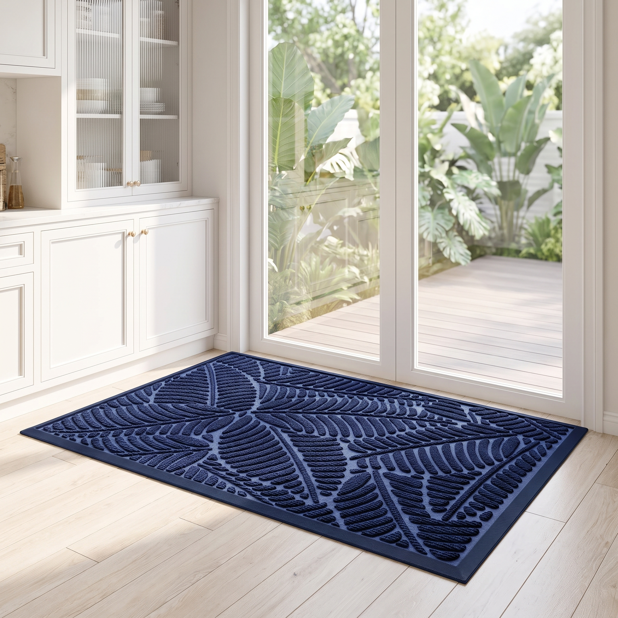 Foglia navy blue leaf doormat at a bright kitchen back door