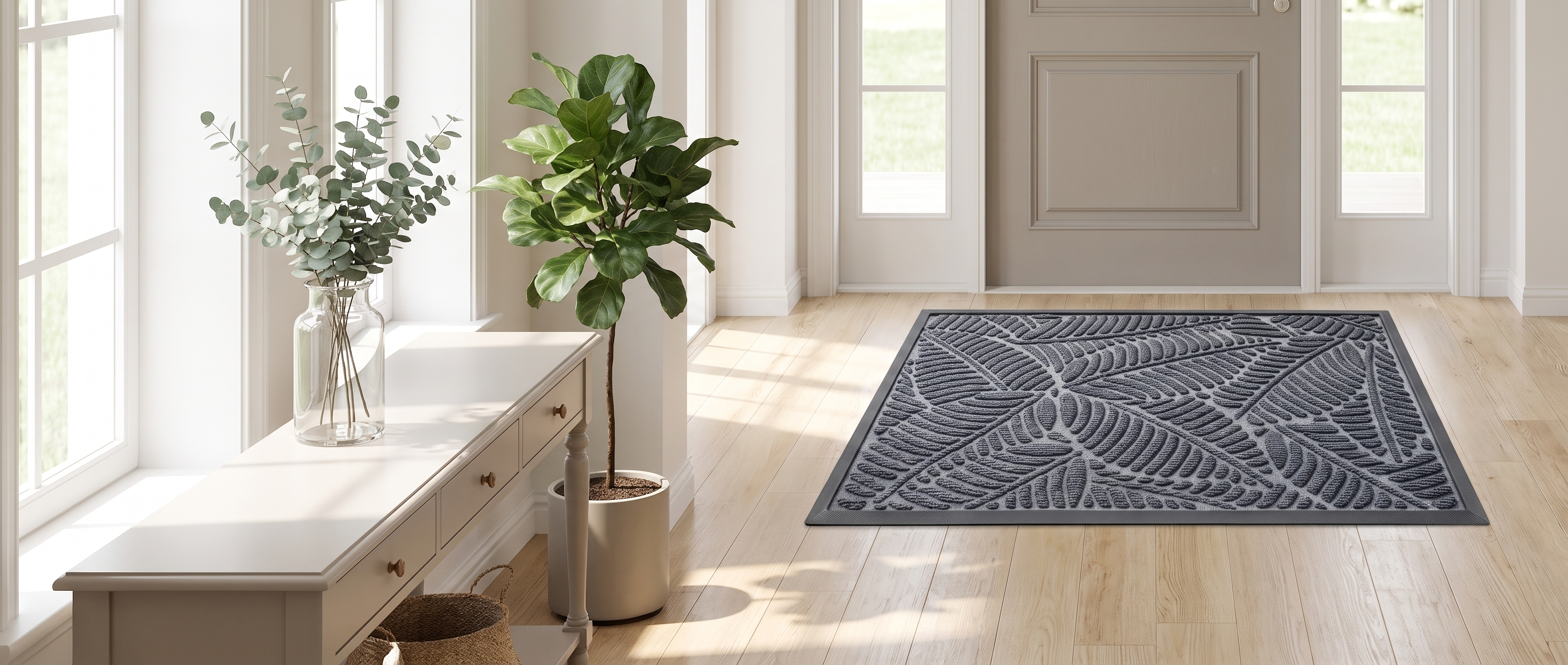 Foglia leaf doormat in a bright entryway banner
