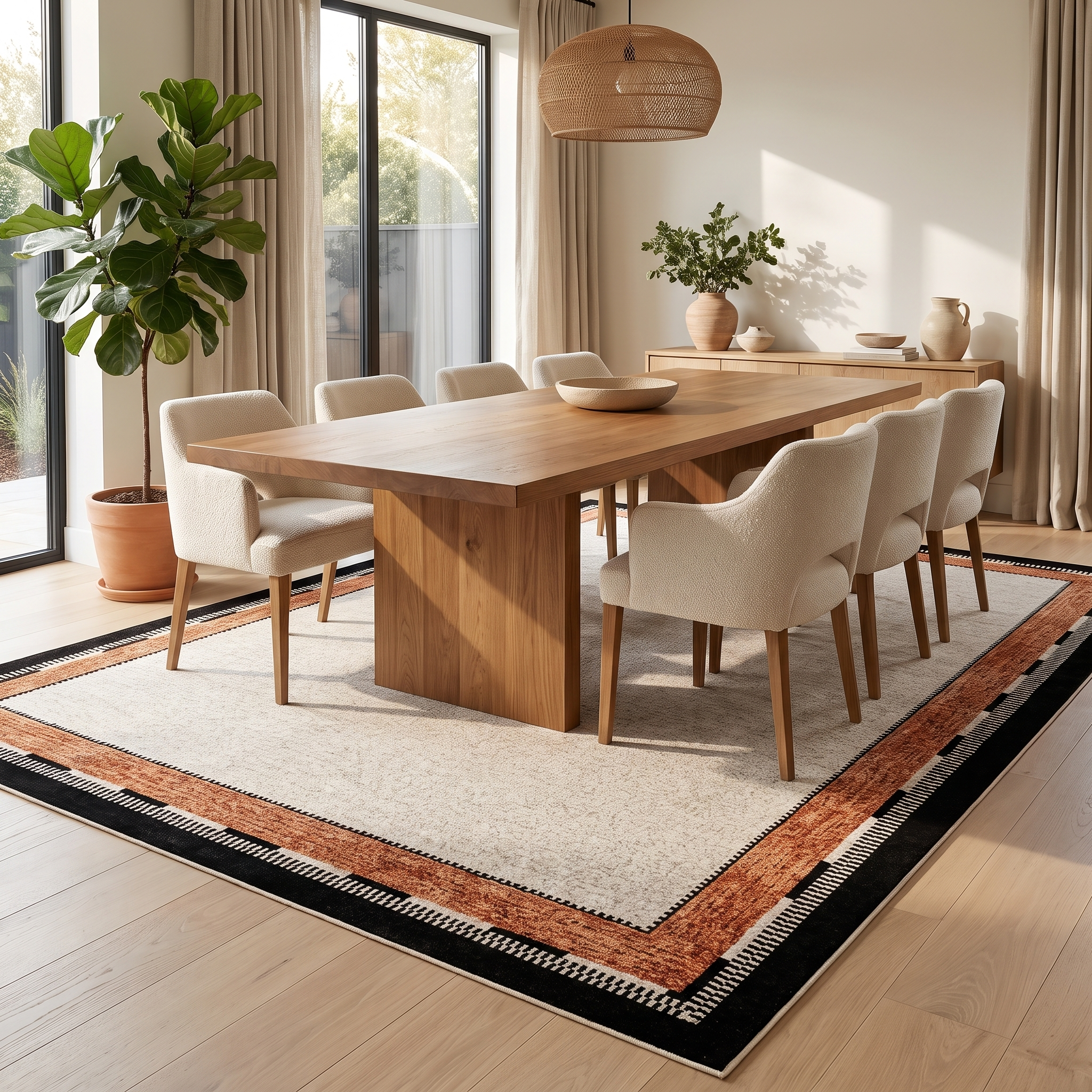 Cornice bordered rug in an elegant dining room