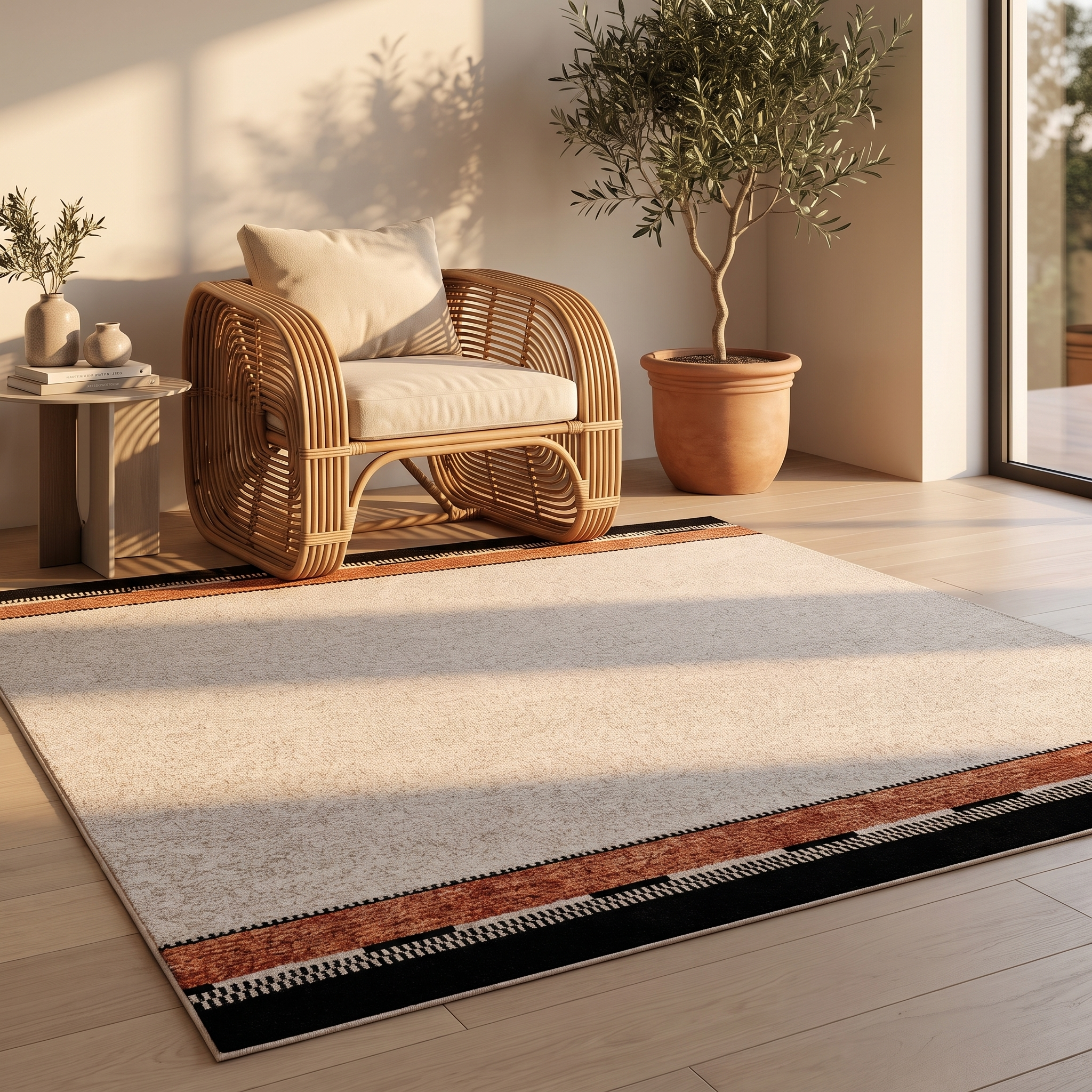 Cornice bordered rug in a golden-hour living corner